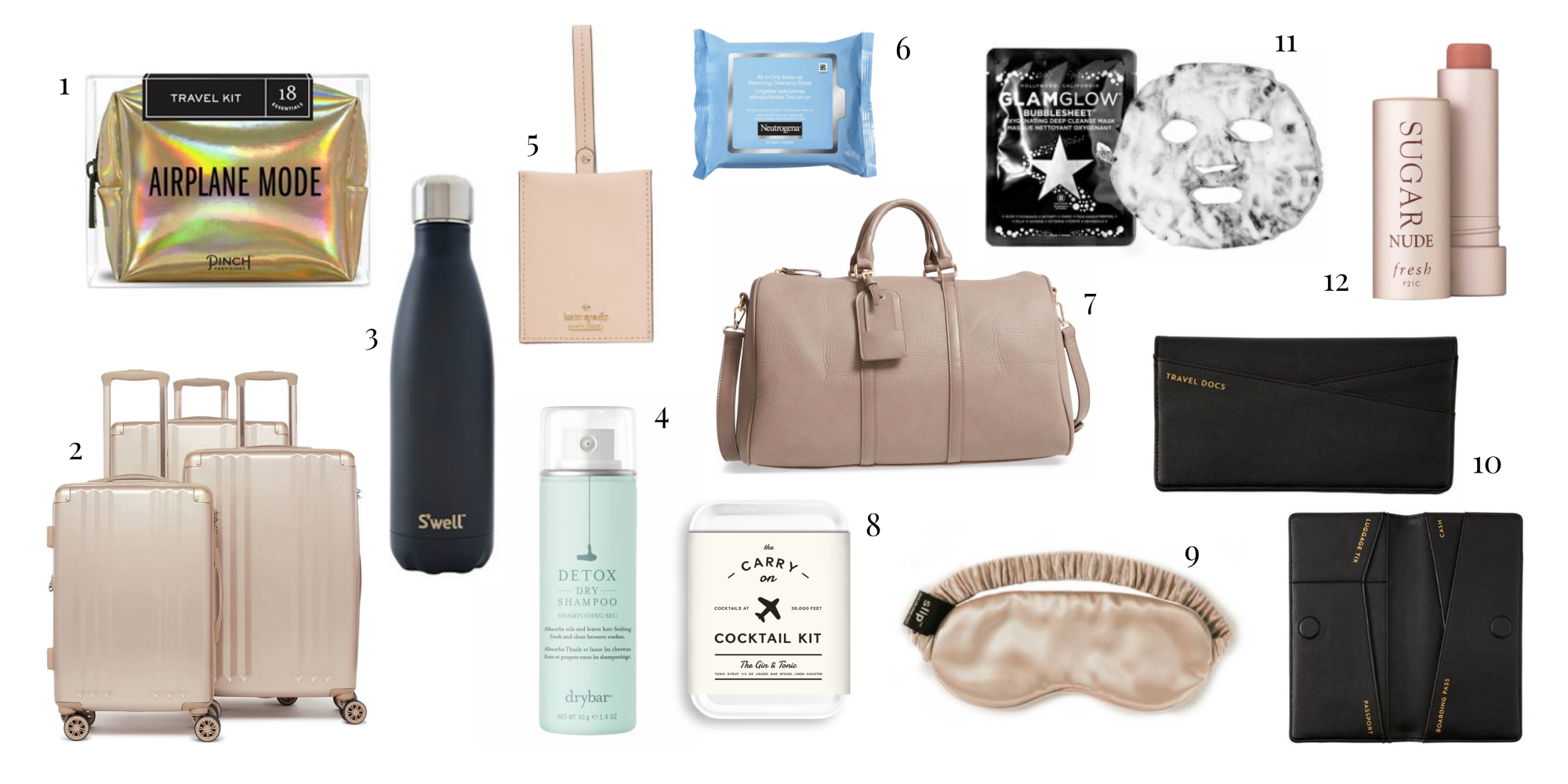 1. Pinch Airplane Mode Travel Kit 2. Ambeur 3-Piece Metallic Luggage Set 3. Swell bottle 4. Dry Bar Dry Shampoo 5. Kate Spade Luggage Tag 6. Neutrogena Makeup Remover Cleansing Towelettes 7. Sole Society Faux Leather Duffle Bag 8. Carry on Cocktail 9. Silk Pure Silk Sleep Mask 10. Travel Wallet 11. Glam Glow Oxygenating Deep Cleanse Mask 12. Fresh Sugar Tinted Lip Treatment SPF 15