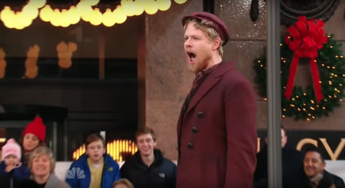   Aaron Young  (Sasha "The Interrupting Russian") singing out at the Macy's Thanksgiving Day Parade with FIDDLER ON THE ROOF 