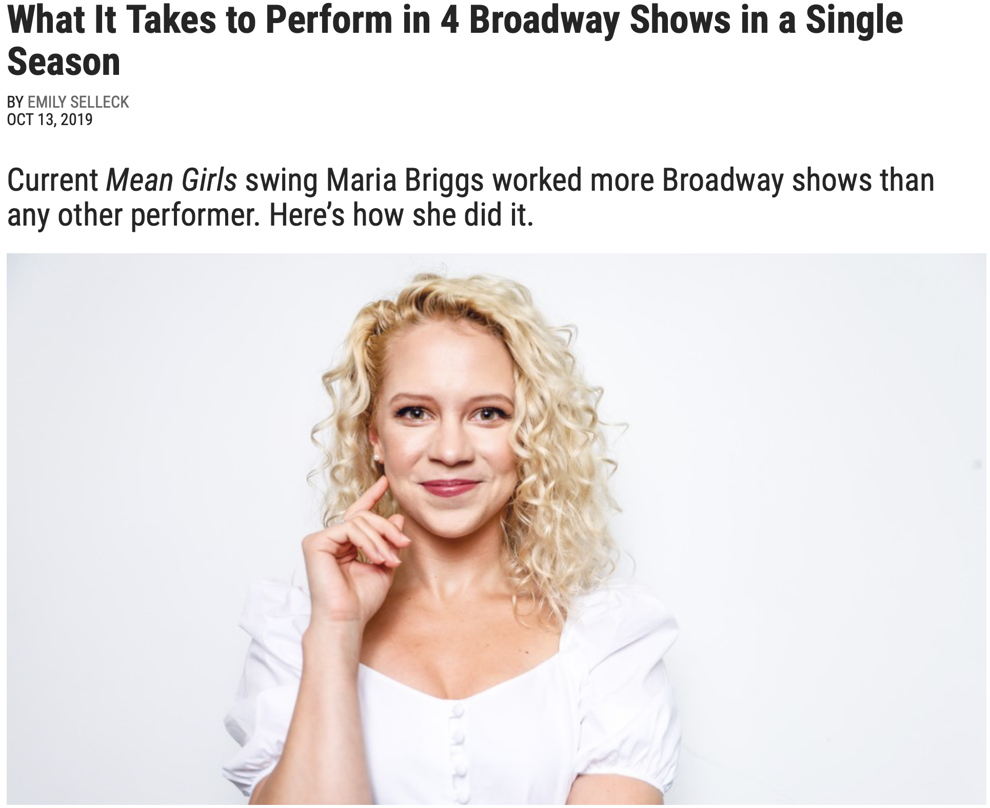  Student  Maria Briggs  was featured in FOUR Broadway shows in one season: FROZEN, HELLO DOLLY!, ANASTASIA, and MEAN GIRLS! Check out the feature on Maria on Playbill.com! 