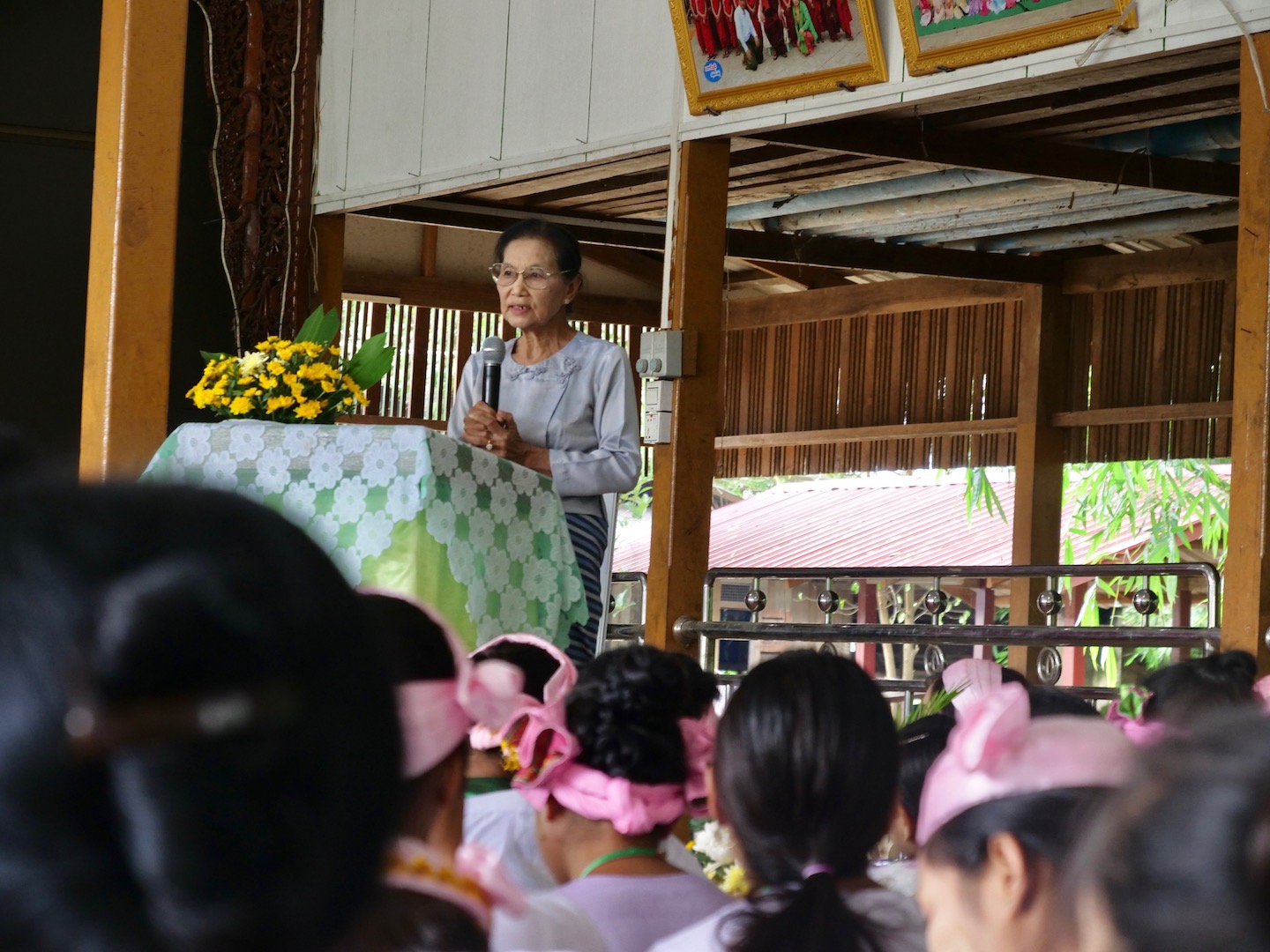 Daw Khin Pyone, a long-time advocate for Shan-ni culture and author of numerous Shan-ni educational texts, addressing the graduating class.