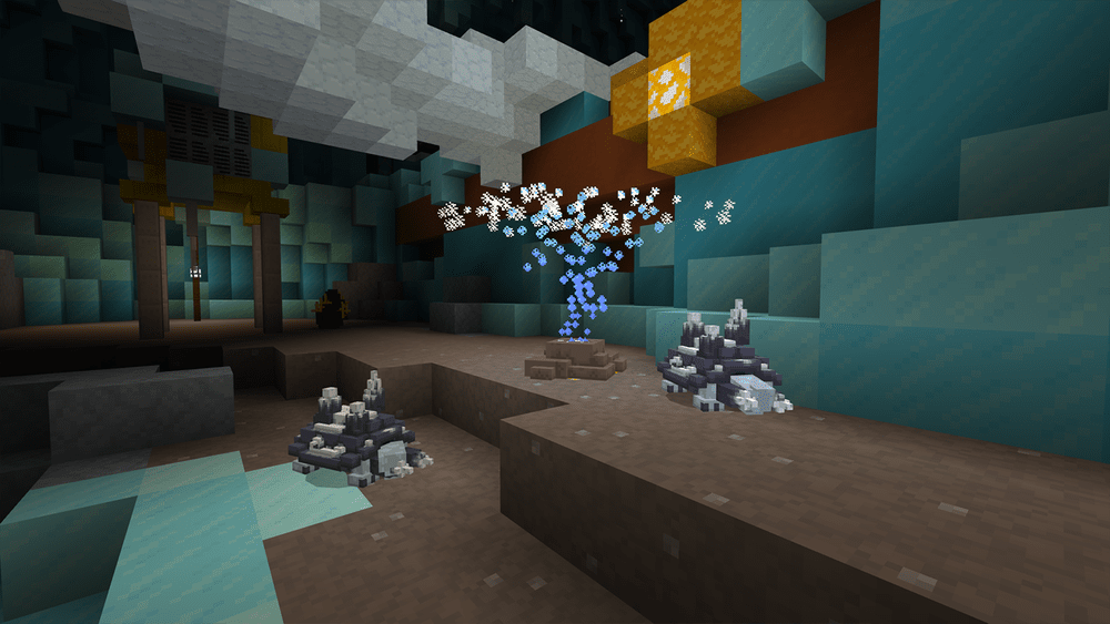 Icy underground Minecraft environment A Minecraft-style underground icy chamber with glowing blue particles