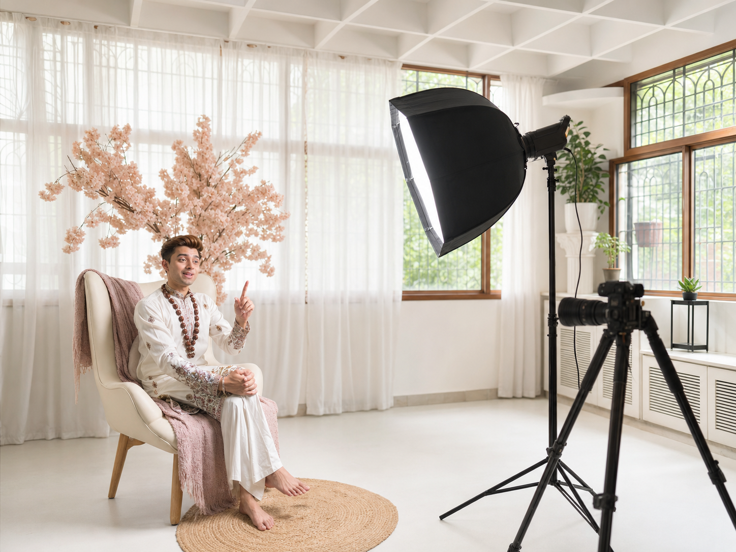 Creator filming content in the natural-light studio at Studio Flinto Bangalore.