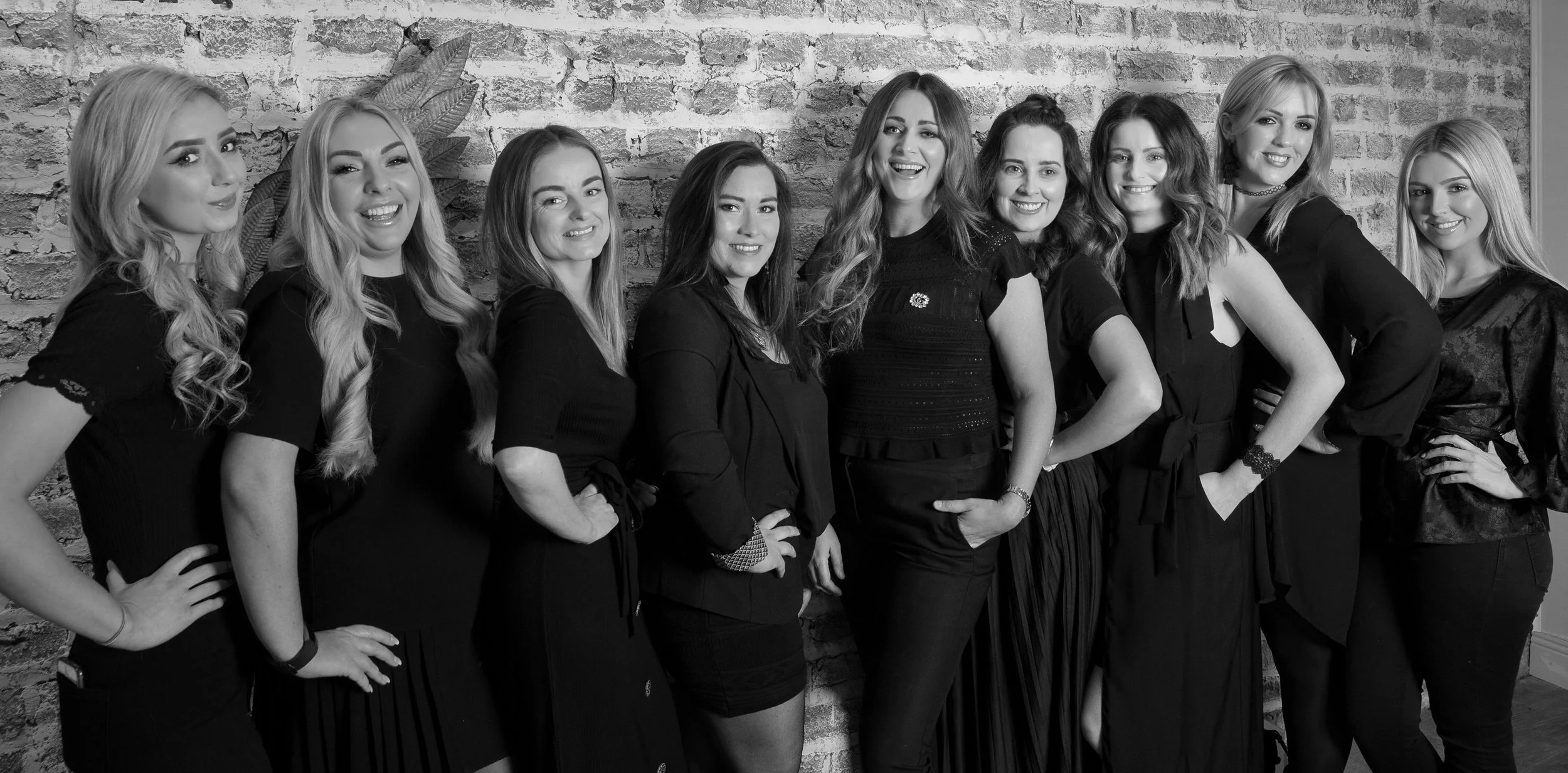 L-R. Amy (our lash queen), Natasha ( colourist, extensionist and hair obsessed), Donna (boho blowdry boss), Laura (styling supremo, instapro & in-house cocktail expert!), Danielle (Dublin’s curly blowdry queen), Sinead (our newest family member and award winning colourist specialising in colour transformation), Yvonne (colourist and styling expert), Courtney (our beach wave babe), ( missing - because we can never get everyone in the same place!)… Nicole (colourist, extenionist and hollywood wave PRO), Stephanie (upstyle obsessed!)