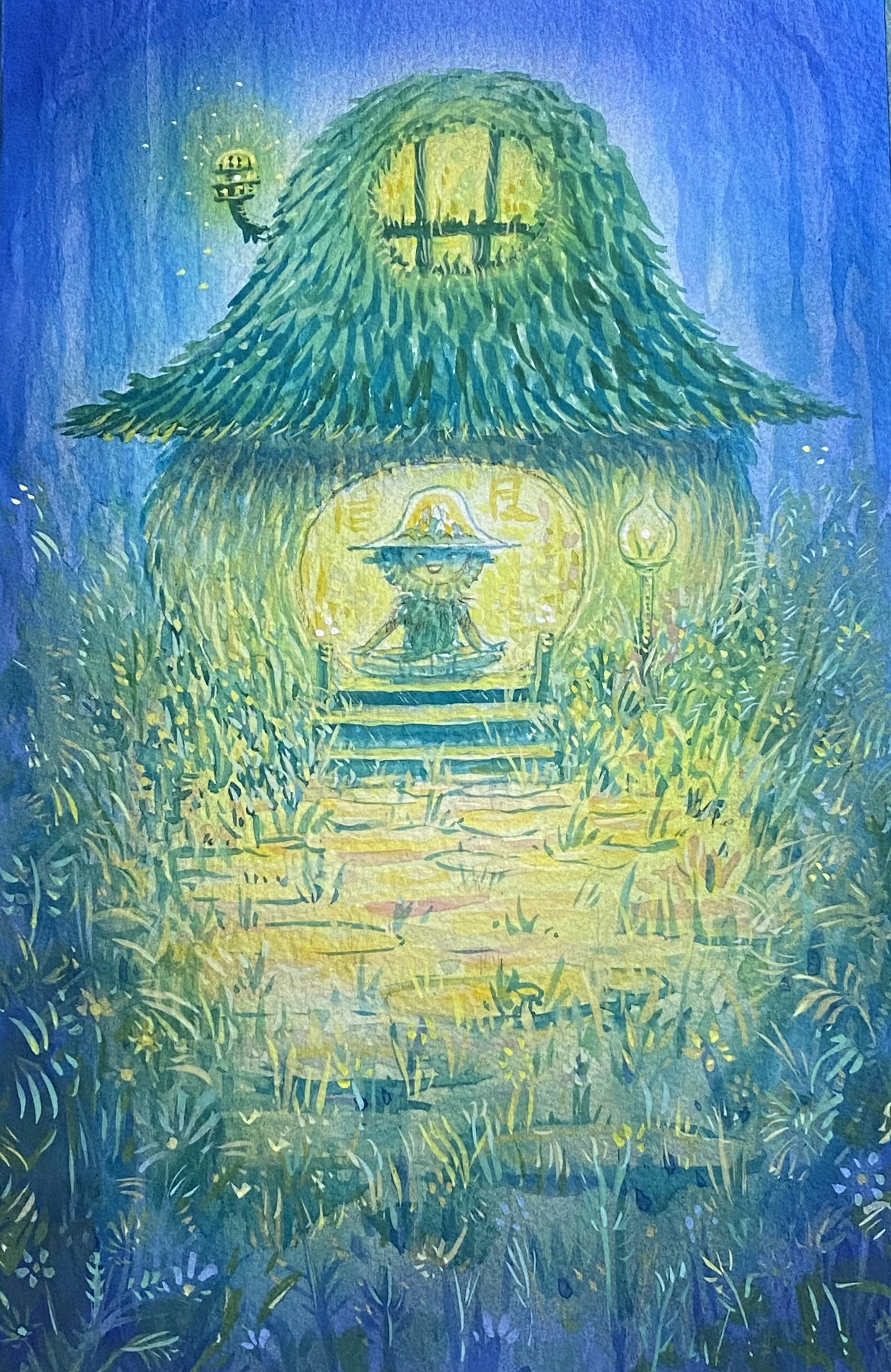 A colorful painting of a whimsical house with a thatched roof, a glowing window, and a lit pathway leading up to the entrance, surrounded by lush greenery.
