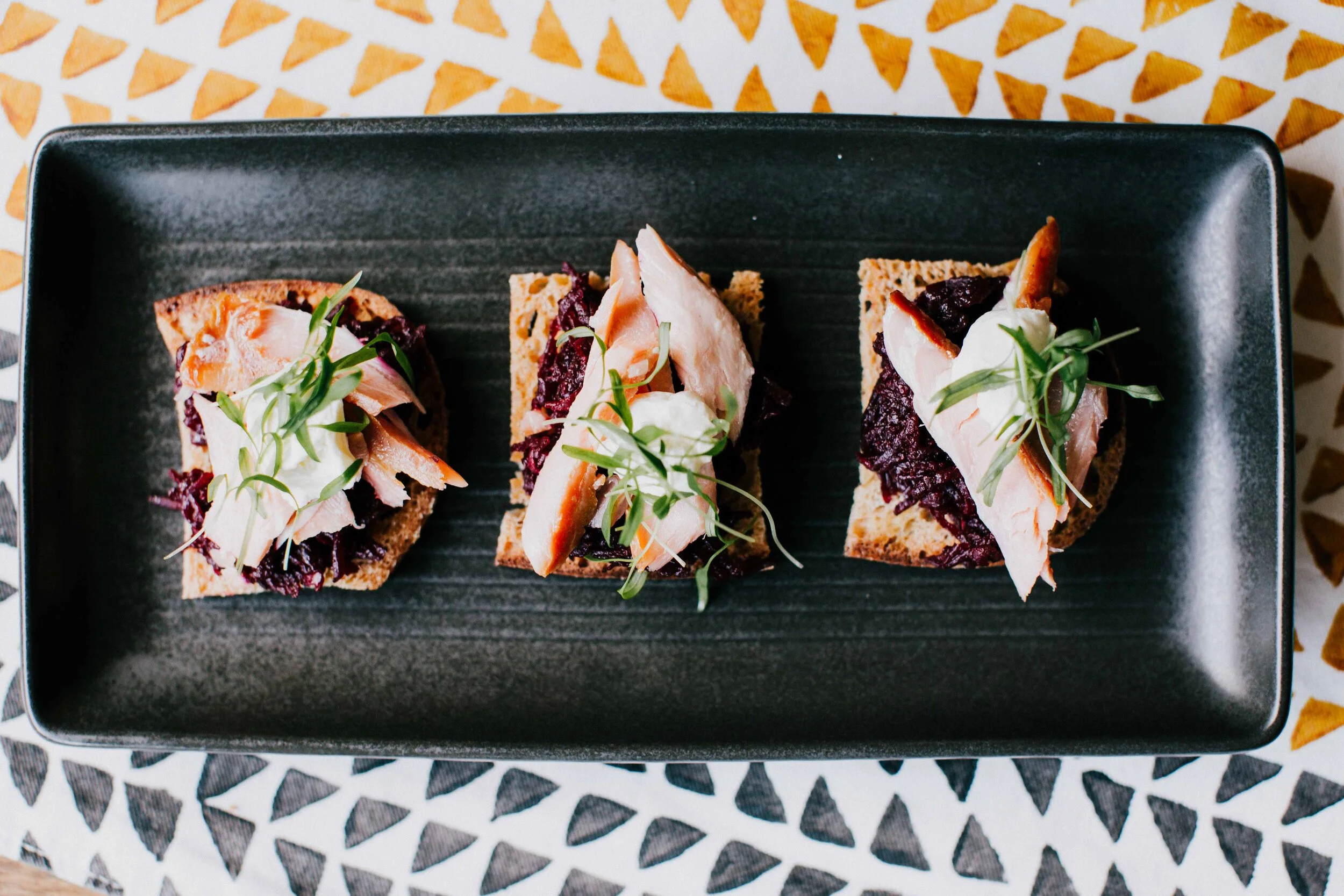 Hot smoked salmon, beetroot, sourdough, sour cream