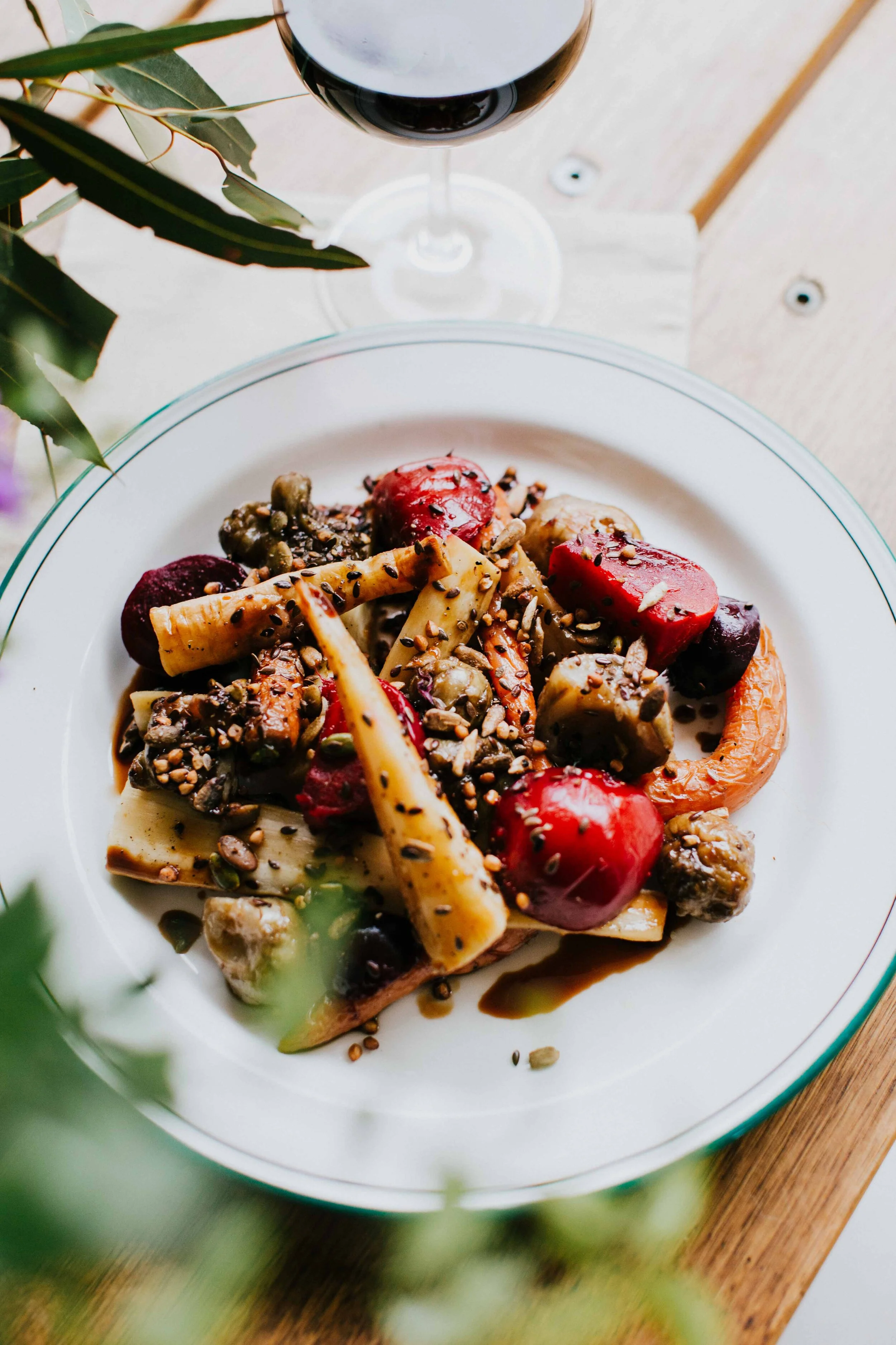 Roasted root vegetables, apple balsamic, savoury seeds