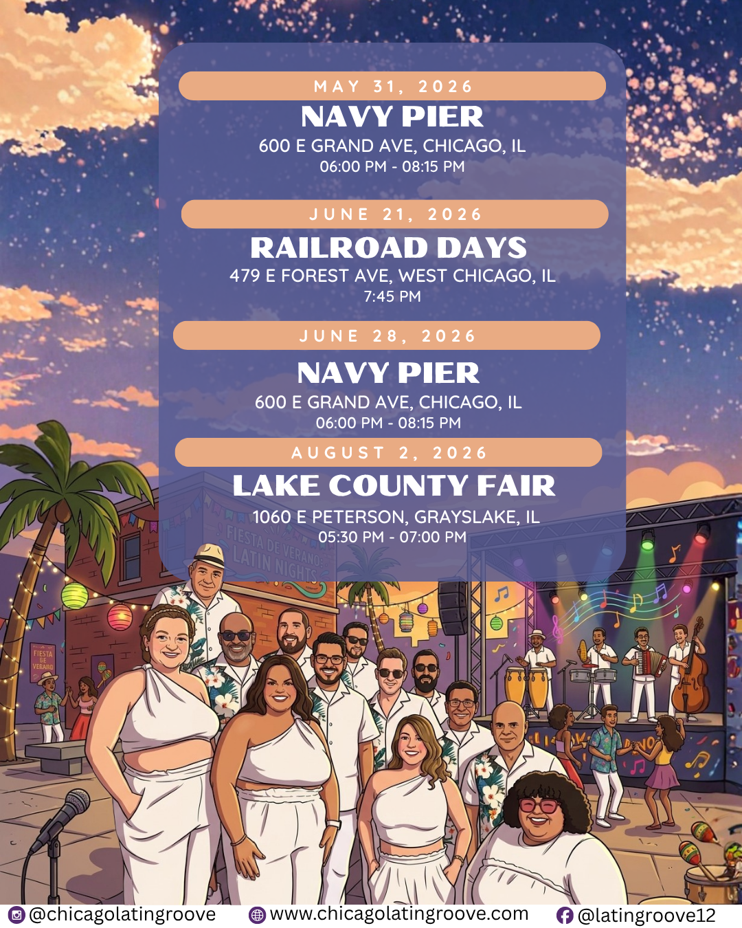   We’re excited to share our upcoming events and hope you can be there to enjoy the music, energy, and dance.  Stay Connected Follow our social channels and sign up for our mailing list to receive announcements, setlists, and exclusive presale offers