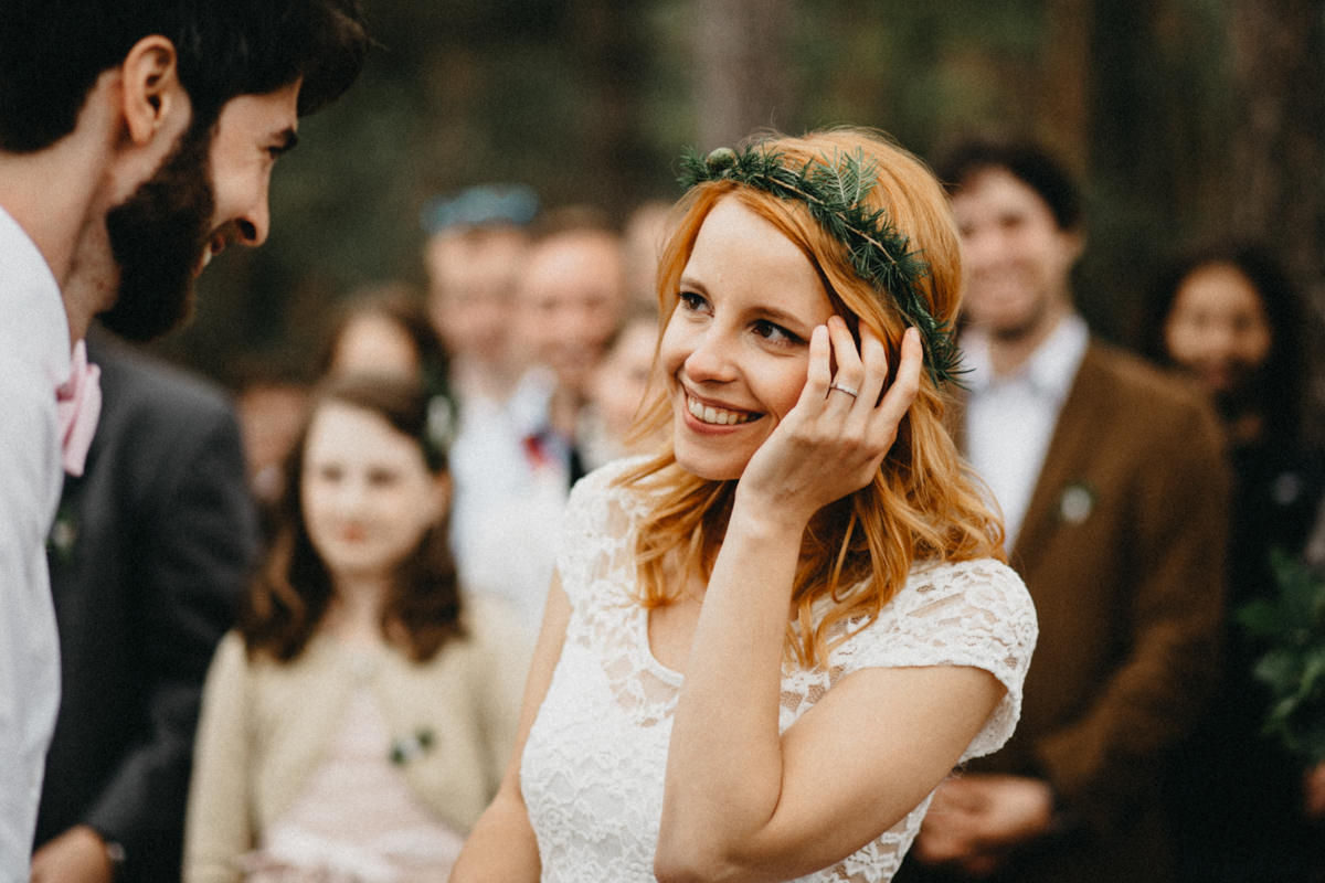 bride looking at groom smiling