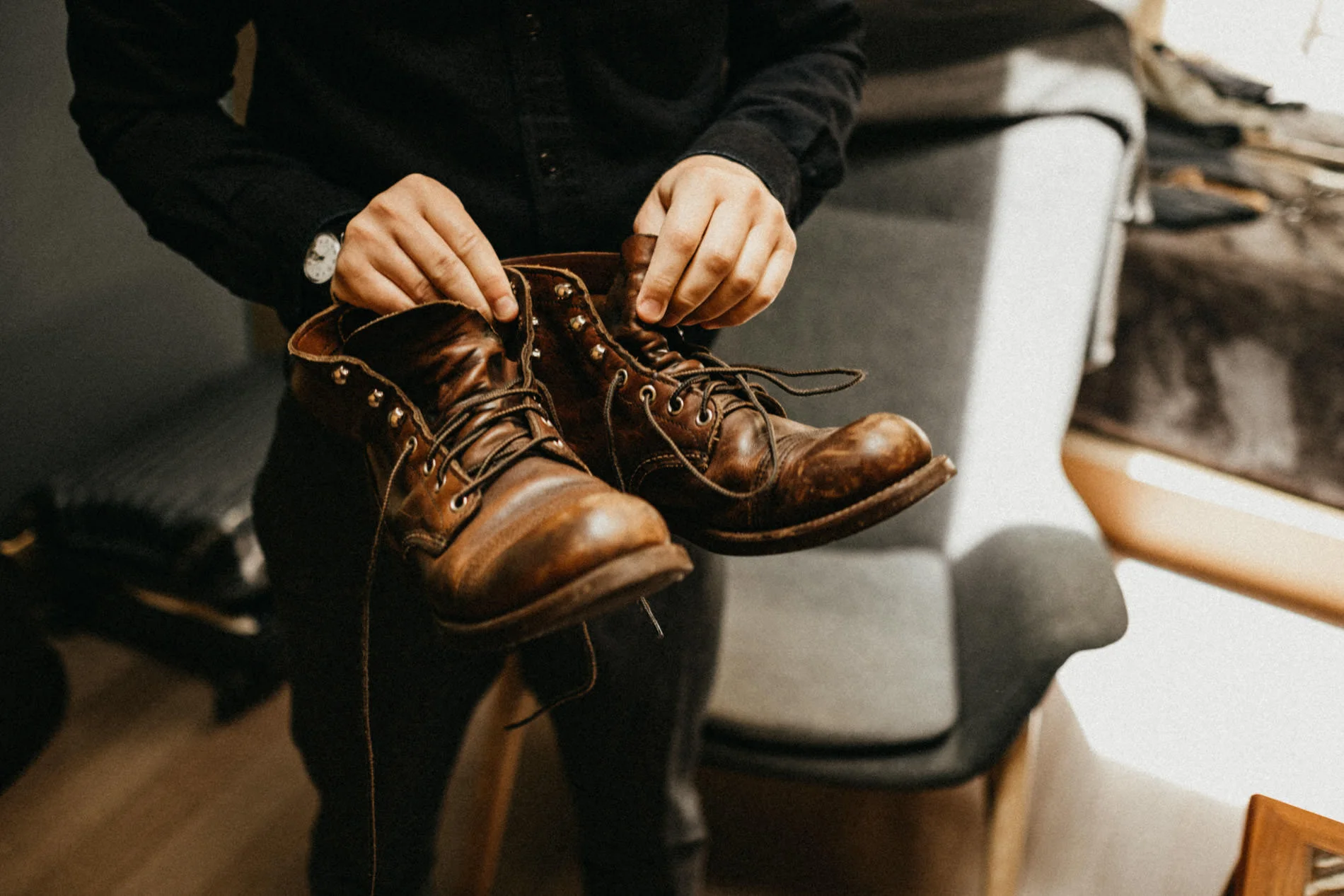 The groom wearing red wing boots