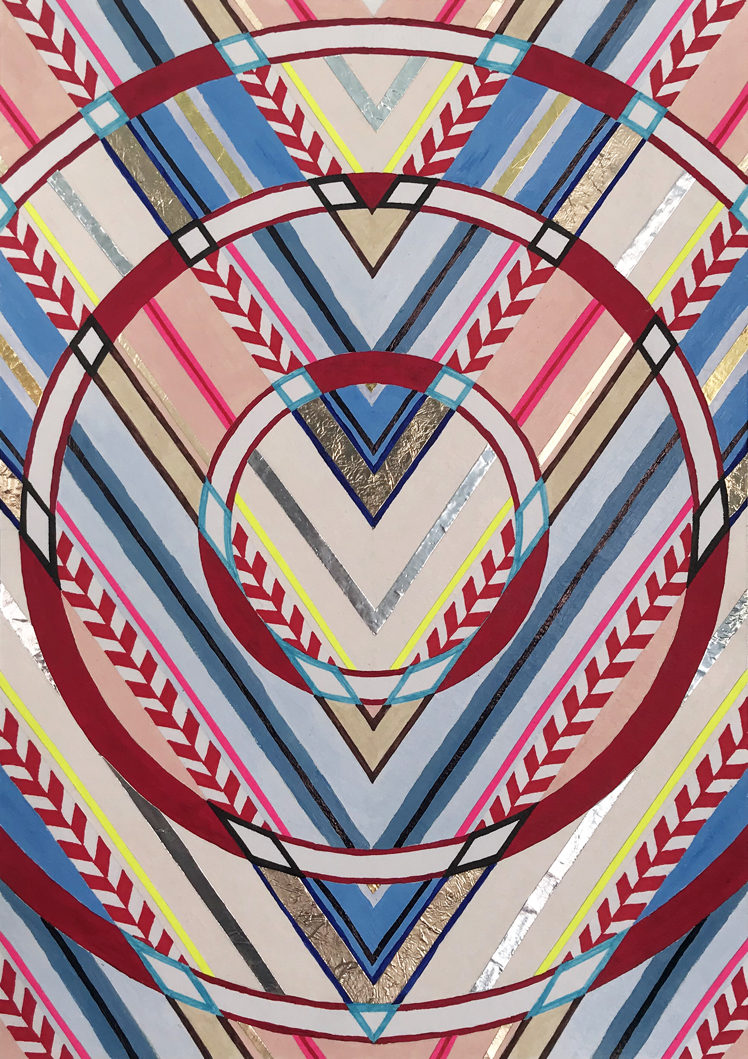 Chevron Circle Painting_Red Blush Blue with fluoro and foil.jpg