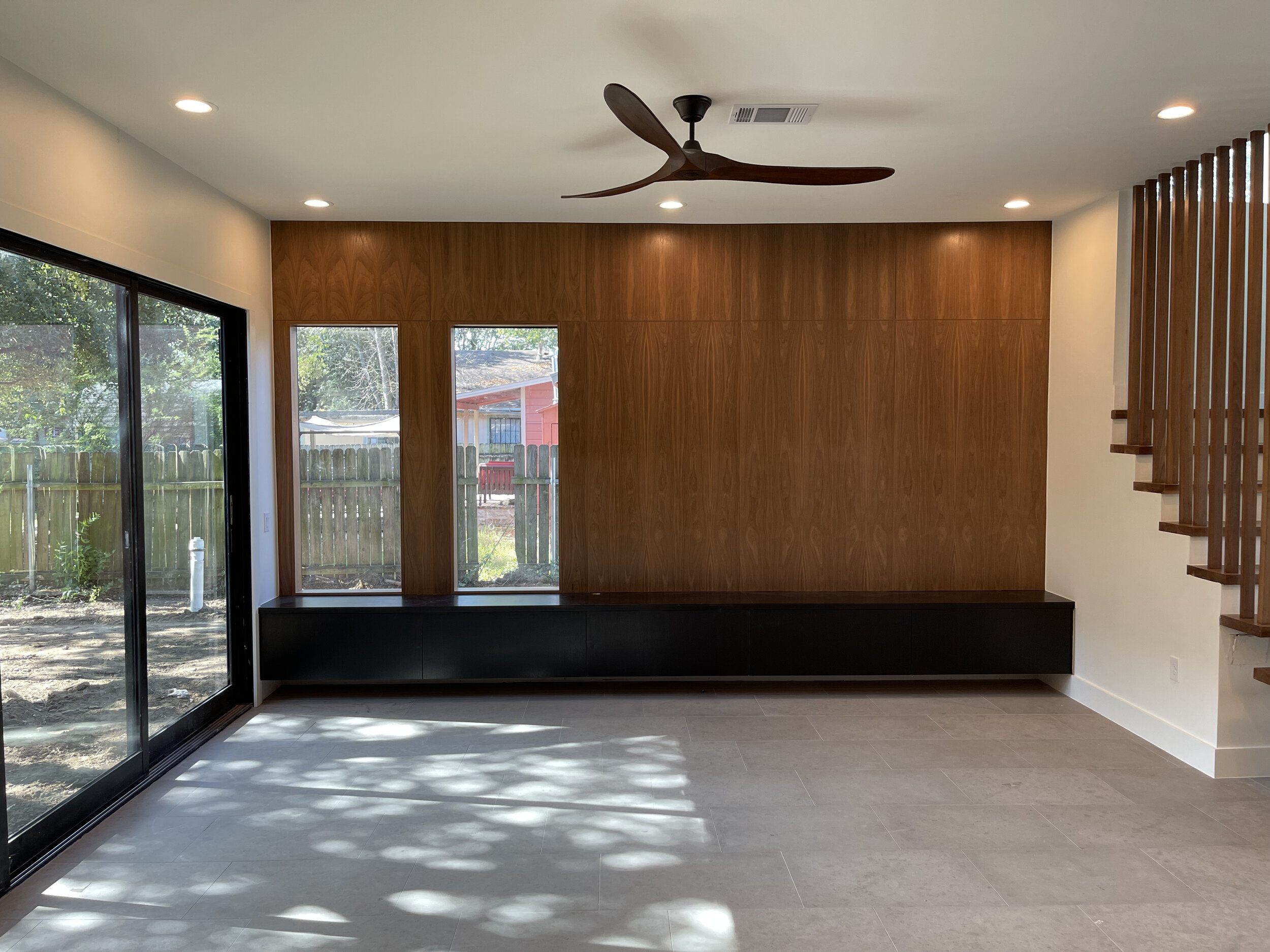 Floating White Oak Media Unit w/ Walnut Veneer Wall Panels