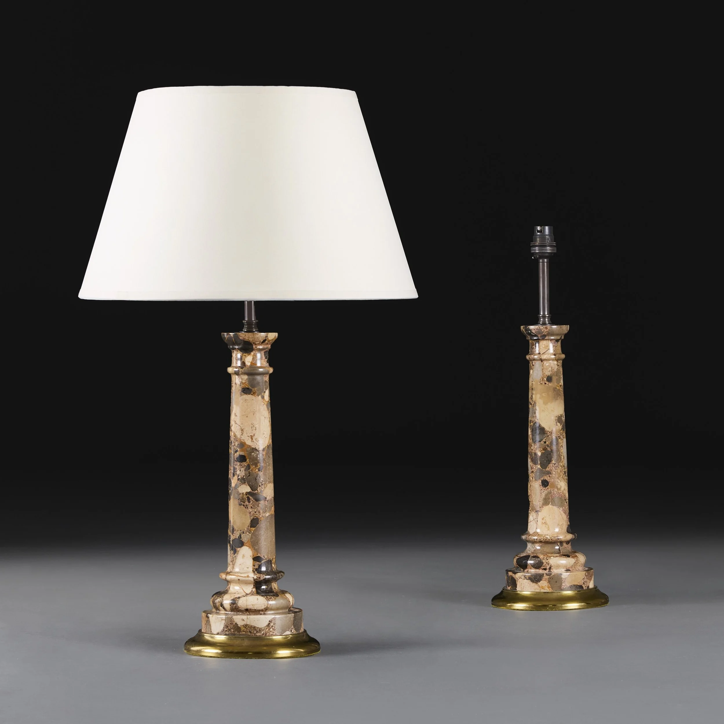 A PAIR OF BRECCIA MARBLE COLUMN LAMPS