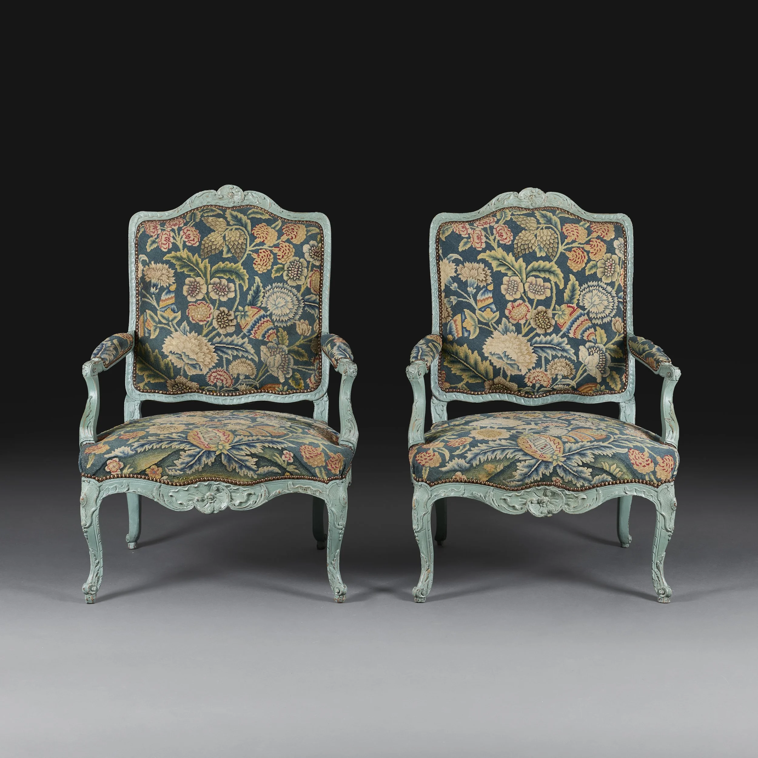 A FINE PAIR OF MID 18TH CENUTRY NEEDLEWORK FAUTEUILS