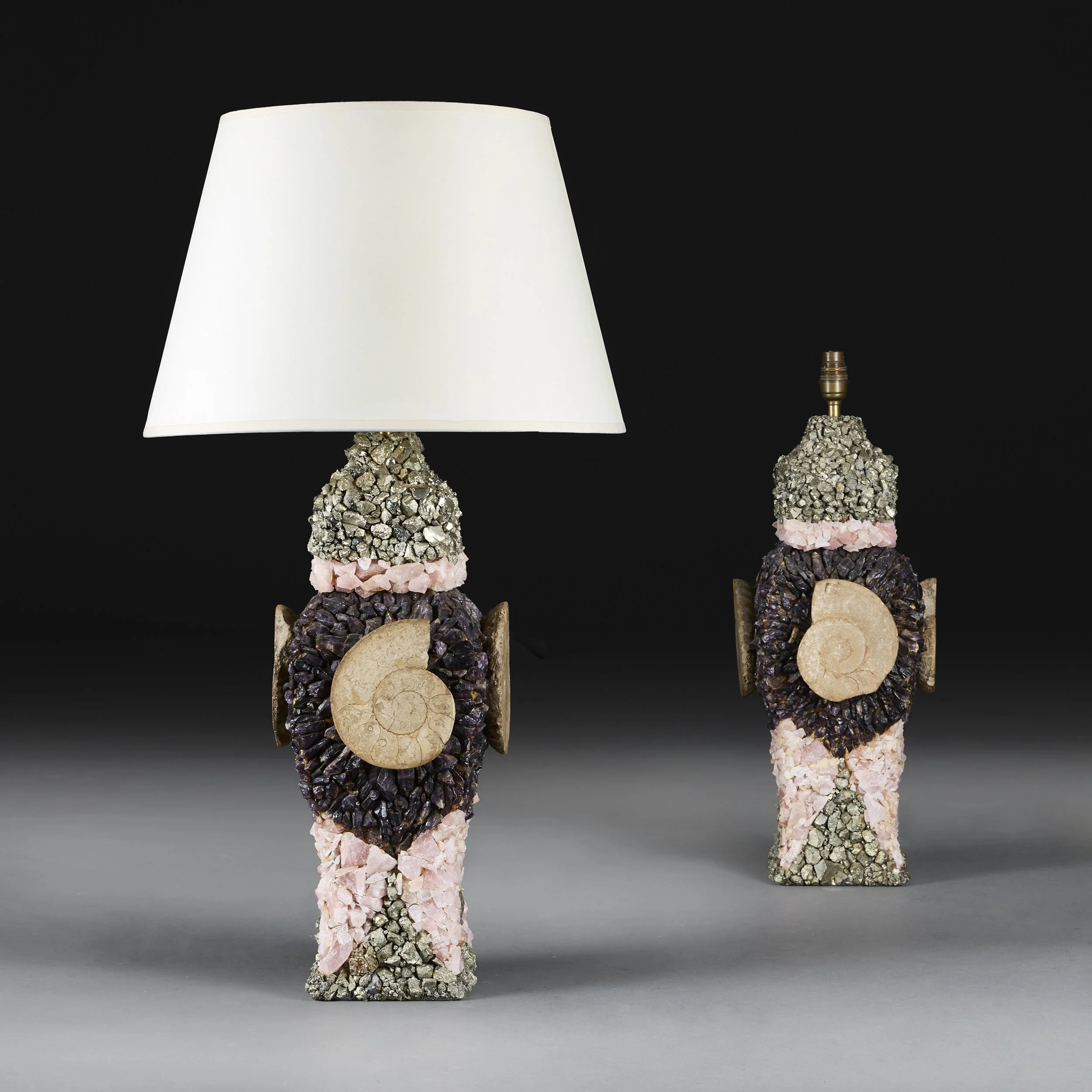 A RARE PAIR OF 20TH CENTURY CRUSHED AMETHYST LAMPS