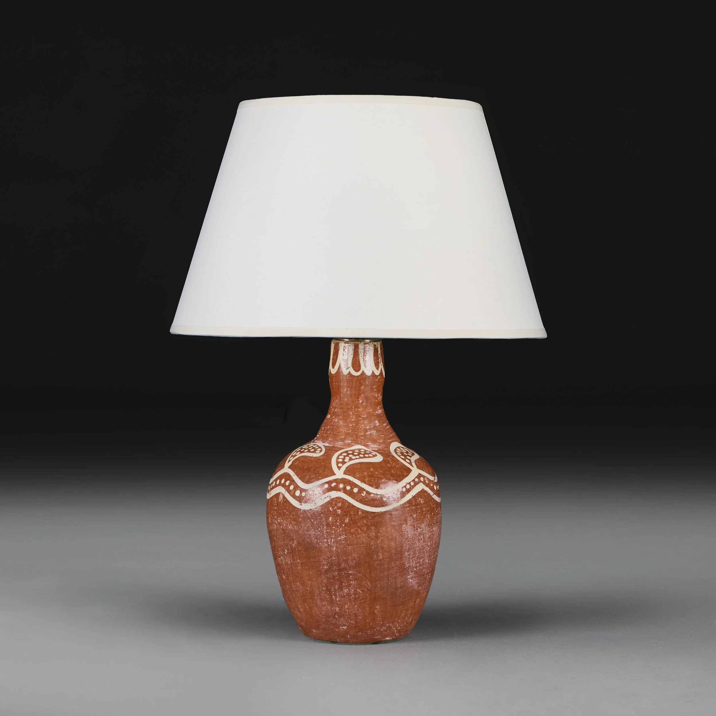 A PERUVIAN TERRACOTTA VESSEL AS A LAMP