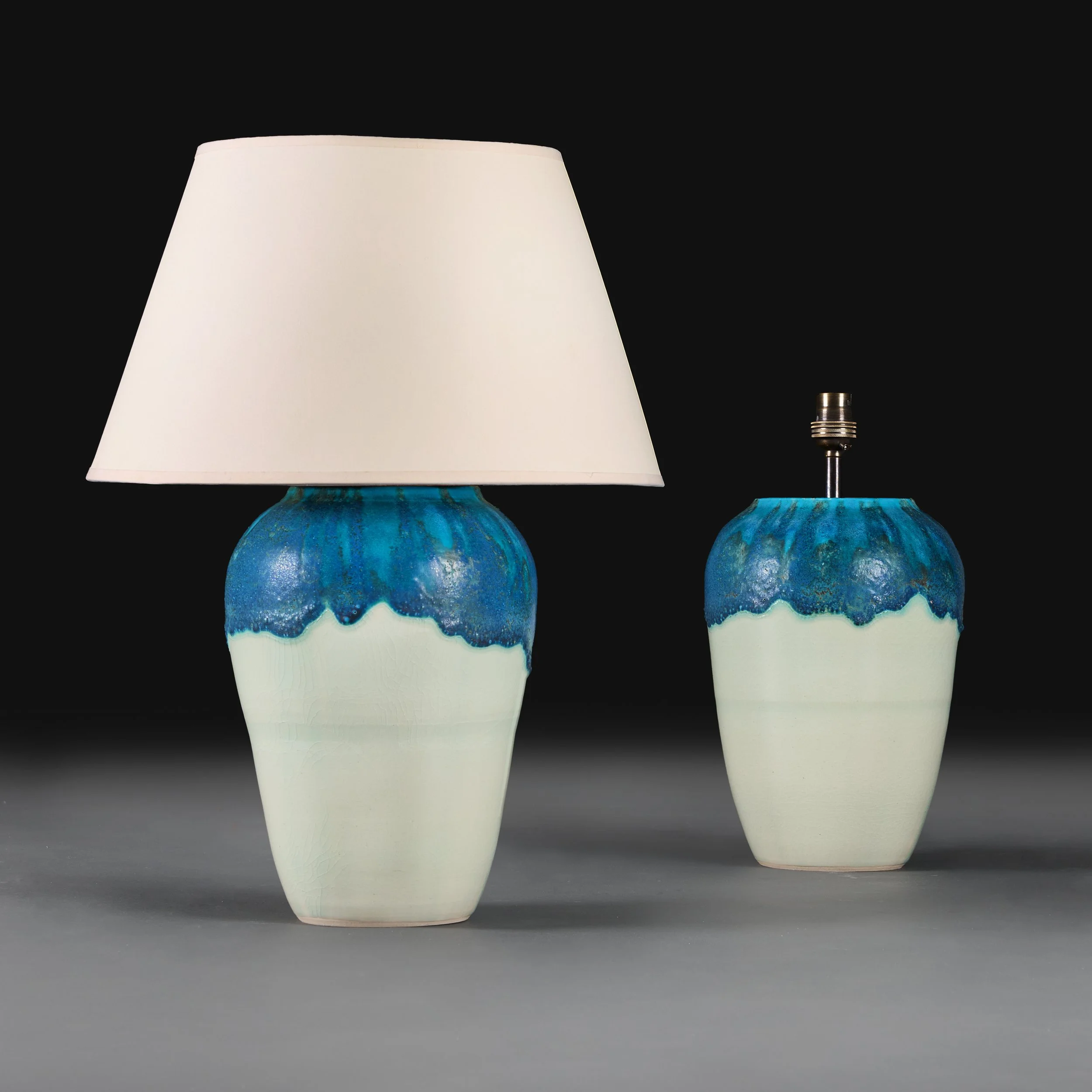 A PAIR OF OCEAN BLUE DRIP GLAZE LAMPS