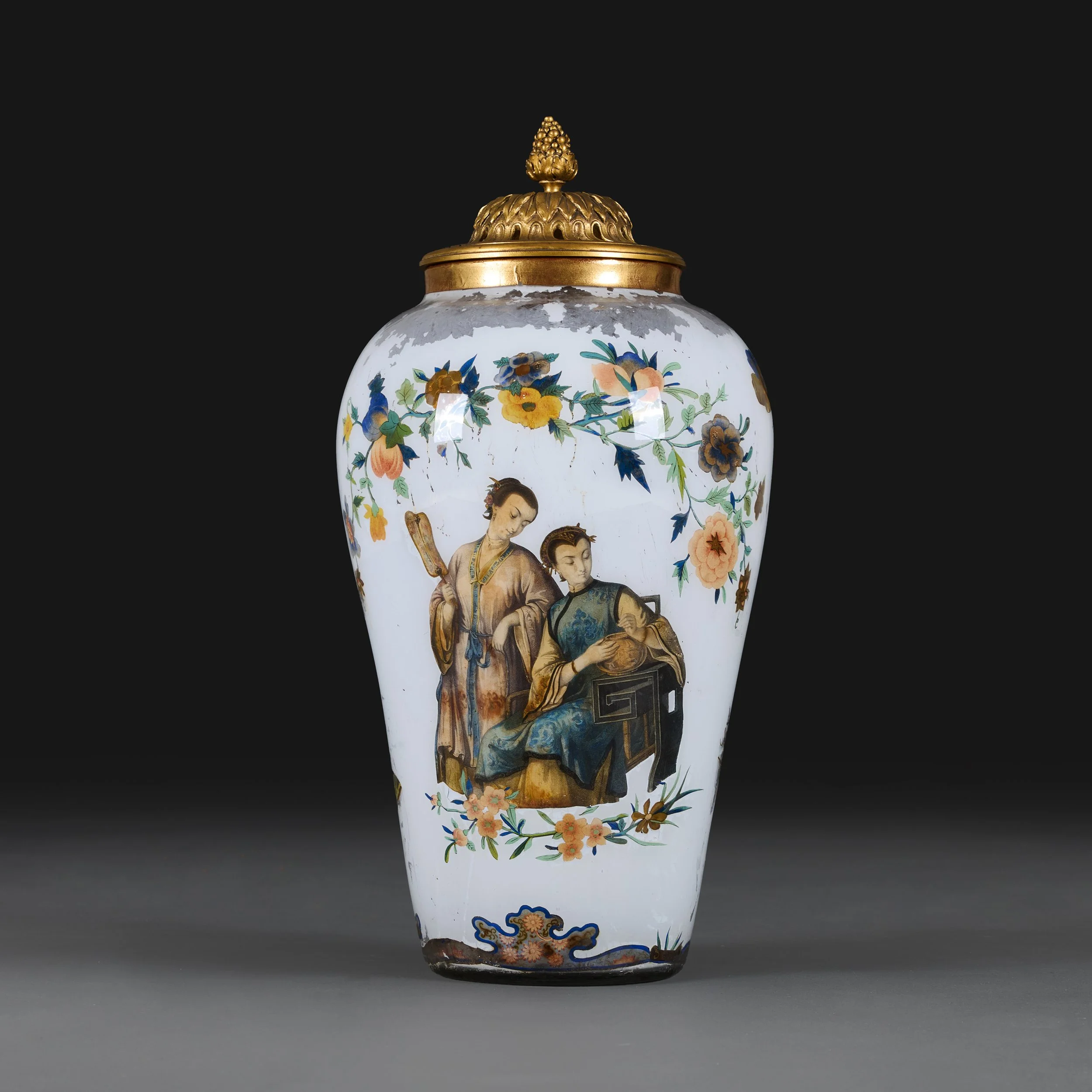 A DECALCOMANIA VASE WITH FIRE GILT LID