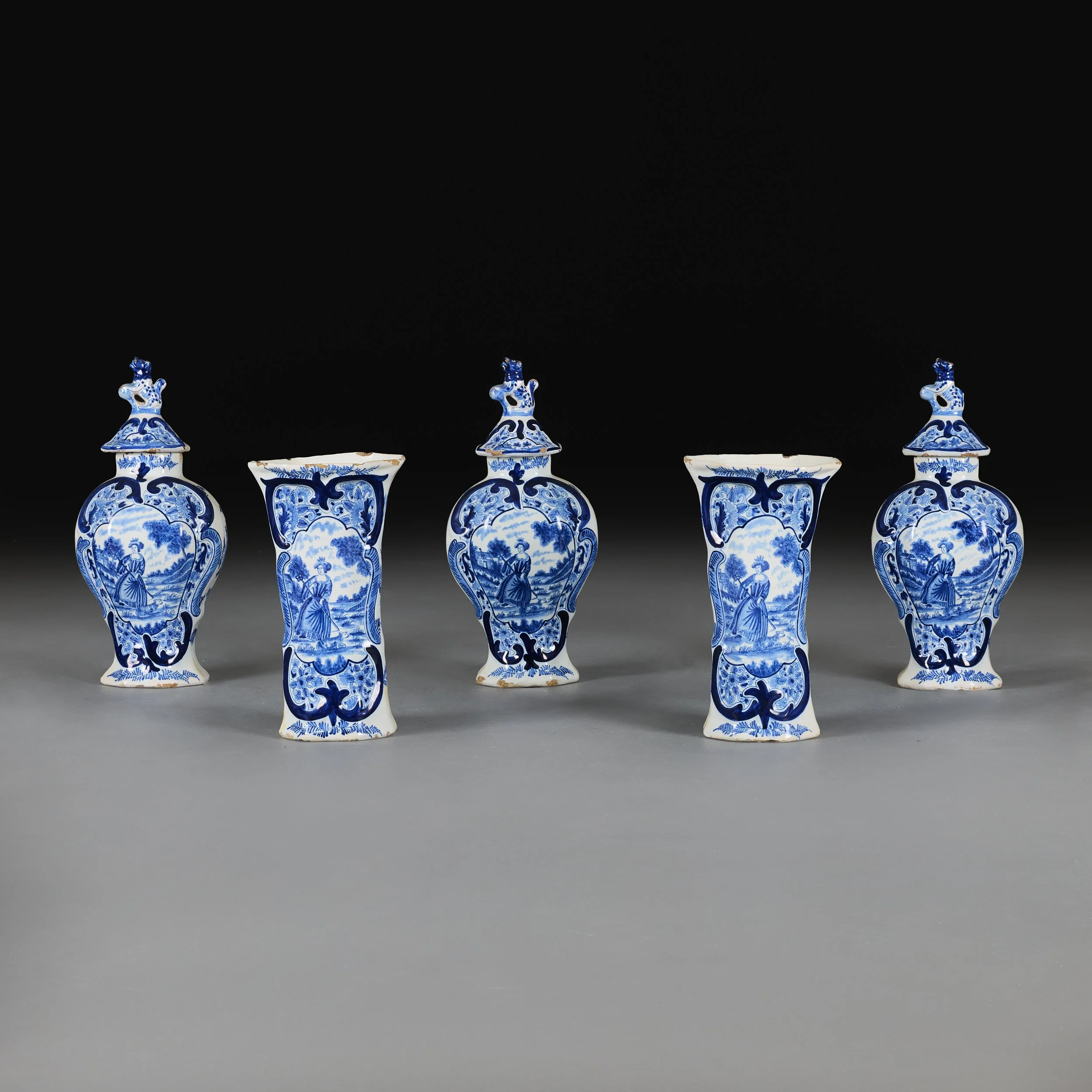 A MID 18TH CENTURY DELFT GARNITURE OF FIVE PIECES