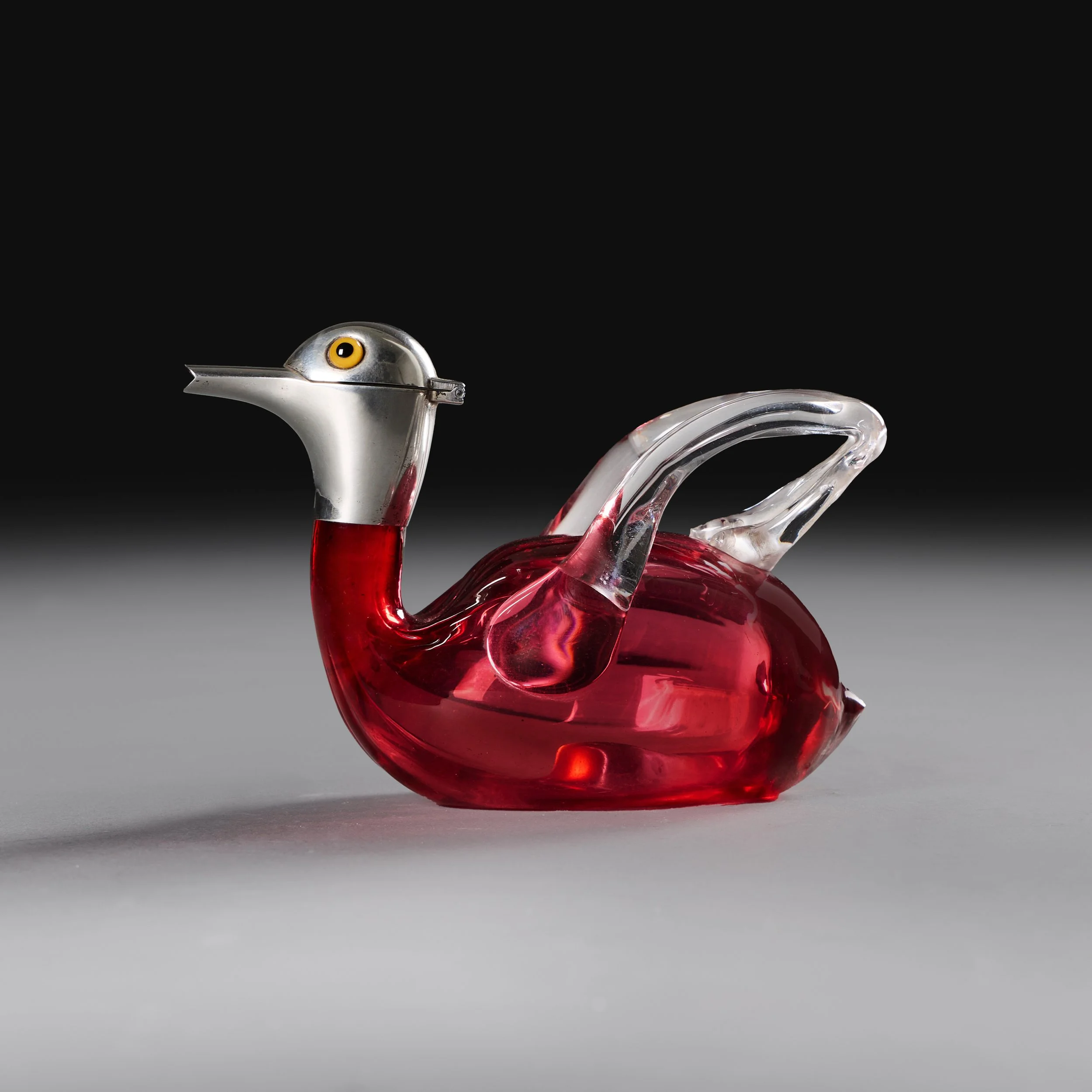 A HUKIN & HEATH CRANBERRY GLASS DUCK DECANTER