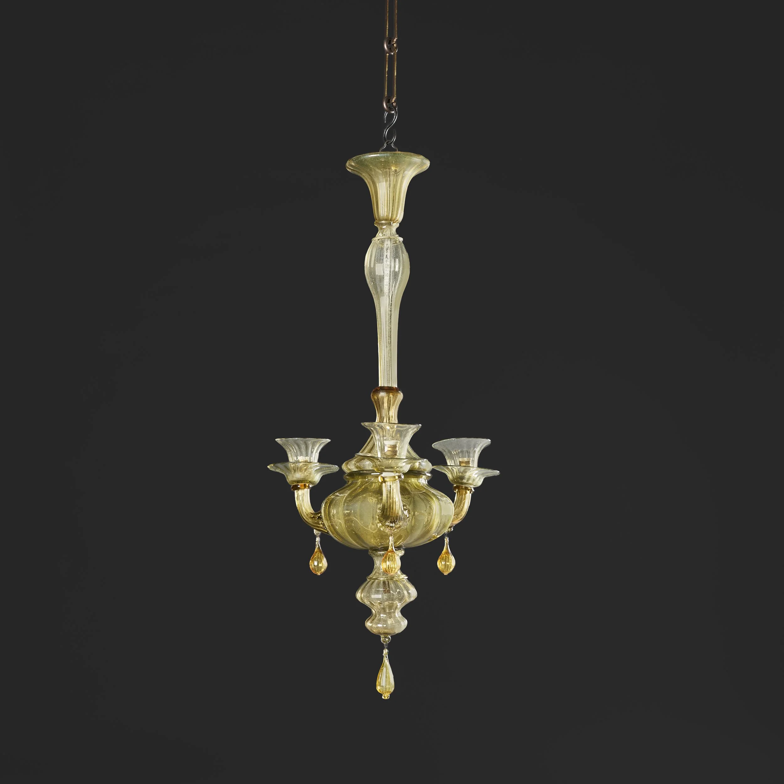 A PALE CELADON THREE ARM CHANDELIER AFTER MARTINUZZI