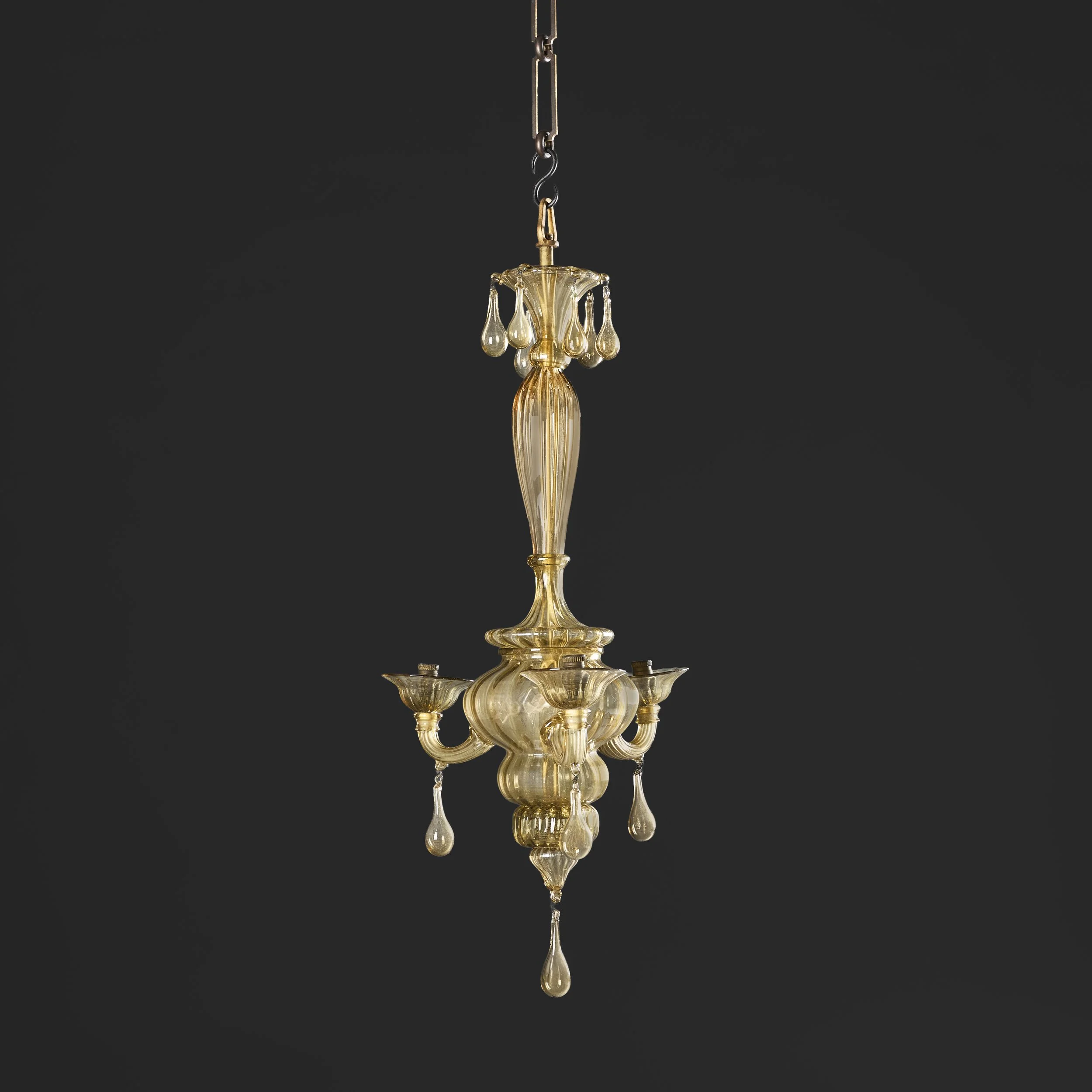 A SMALL THREE ARM VERONA GREEN CHANDELIER AFTER MARTINUZZI