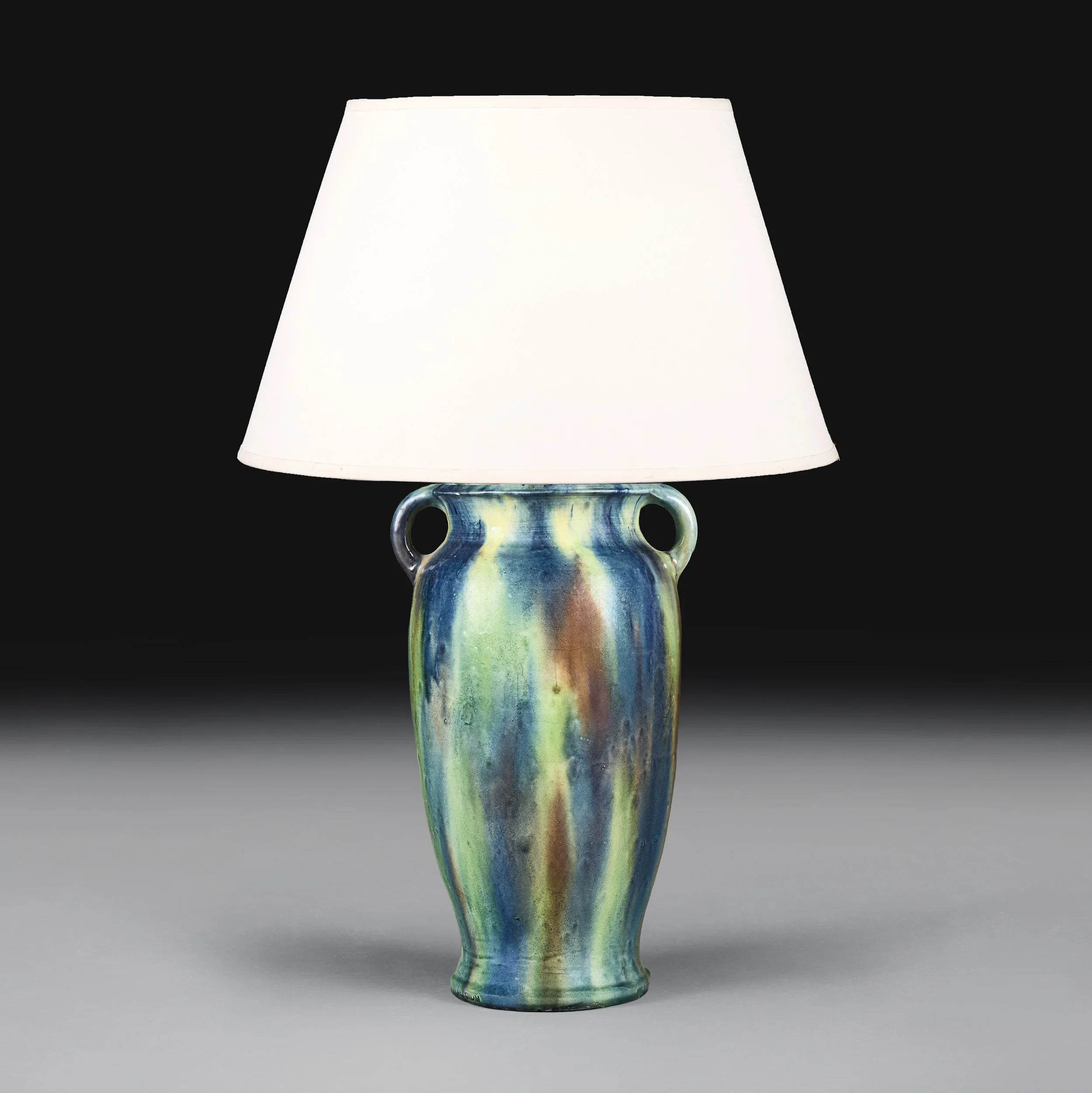 A BELGIAN DRIP GLAZE POTTERY VASE AS A LAMP
