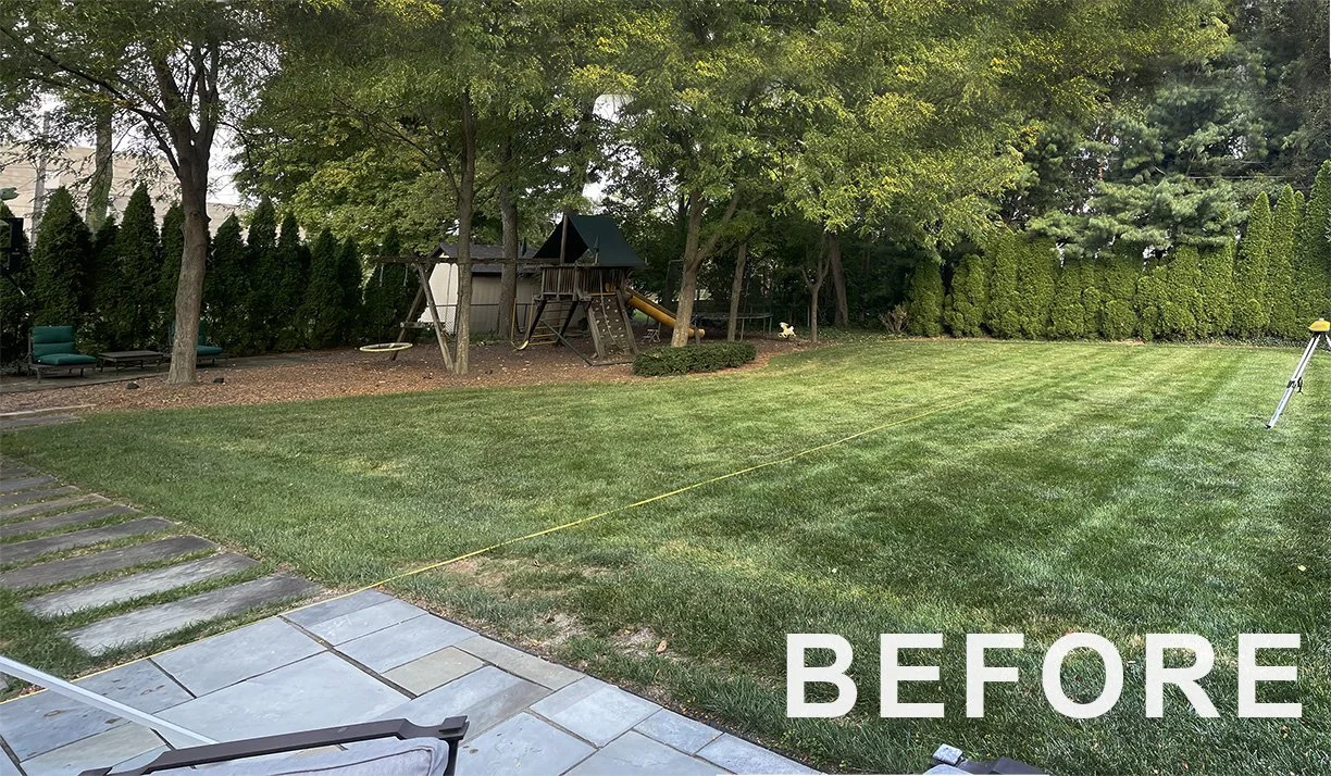 A backyard with a grassy lawn, a playset with a slide, a few trees, and a row of tall green bushes in the background. There is a string or wire stretched across the lawn and an outdoor chair near a paved patio area. The word "BEFORE" is written in white text in the bottom right corner.
