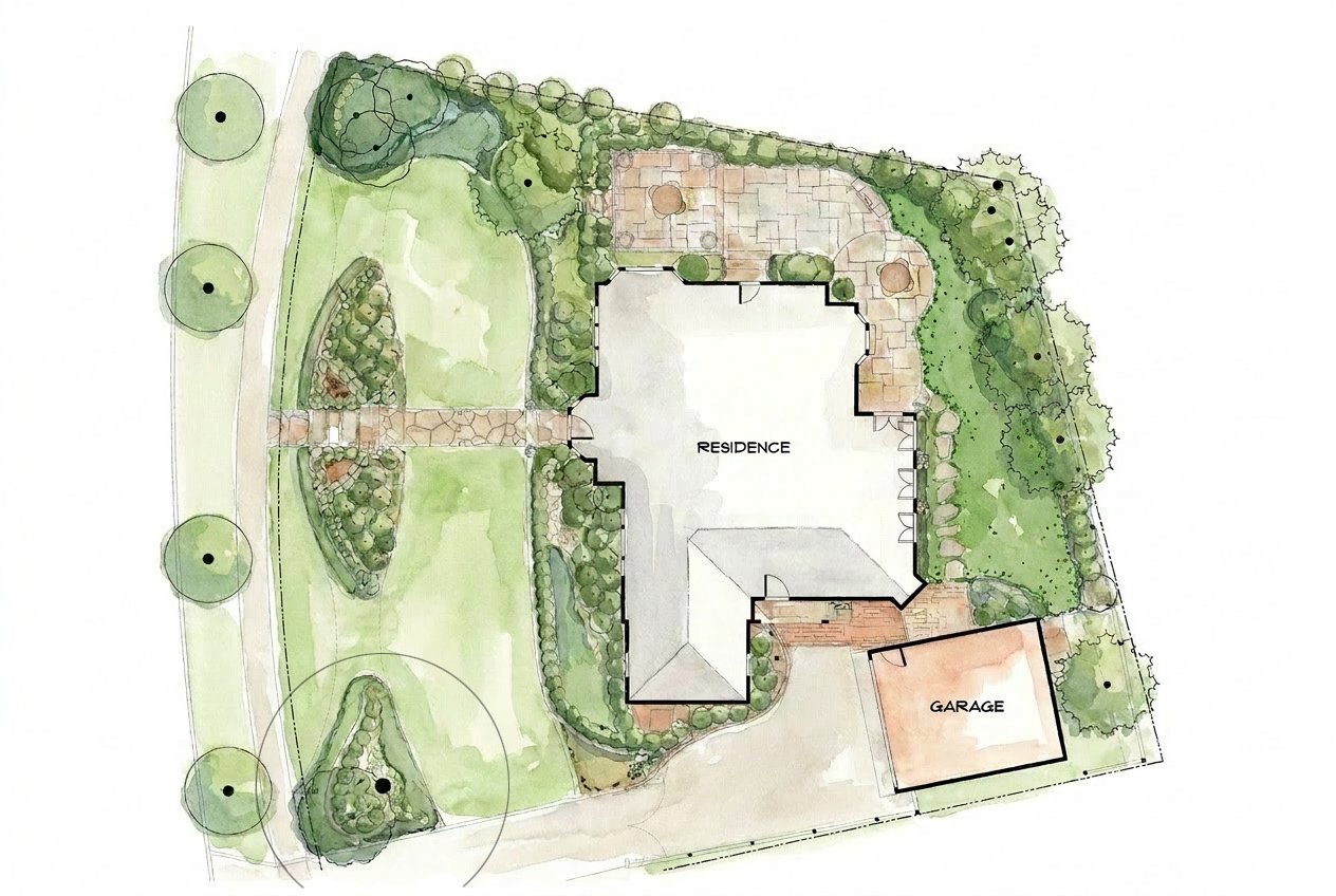 A watercolor landscape plan of a residential property showing garden areas, trees, walkways, and a detached garage.