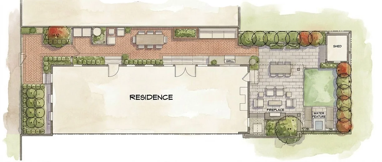 A detailed landscape design plan for a residential backyard, featuring a patio area, outdoor kitchen with grill, dining and seating areas, fireplace, water feature, shed, and various trees and shrubs.