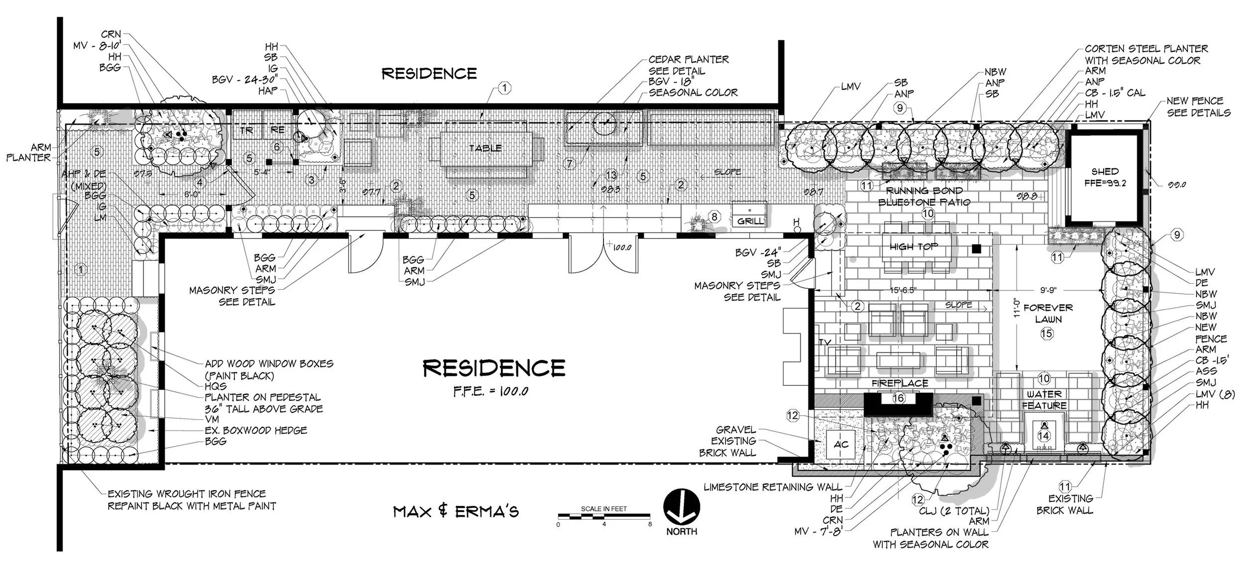 A detailed landscape design plan for a residence yard, including patio areas, a fire pit, planters, trees, a shed, a water feature, and various landscaping elements.