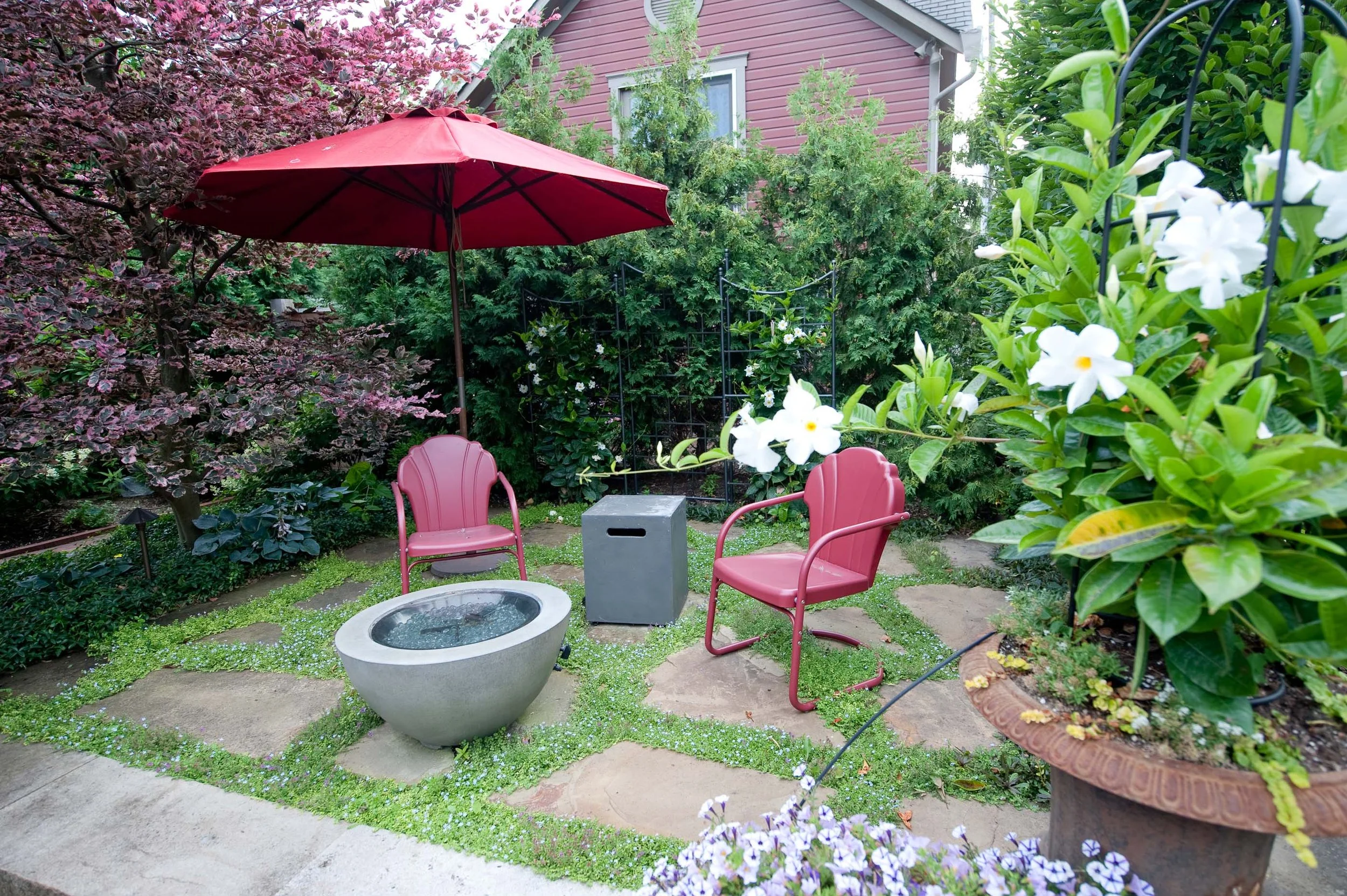 A backyard garden with pink chairs surrounding a small fire pit, a red patio umbrella, lush green bushes, flowering plants, and a pink house in the background.