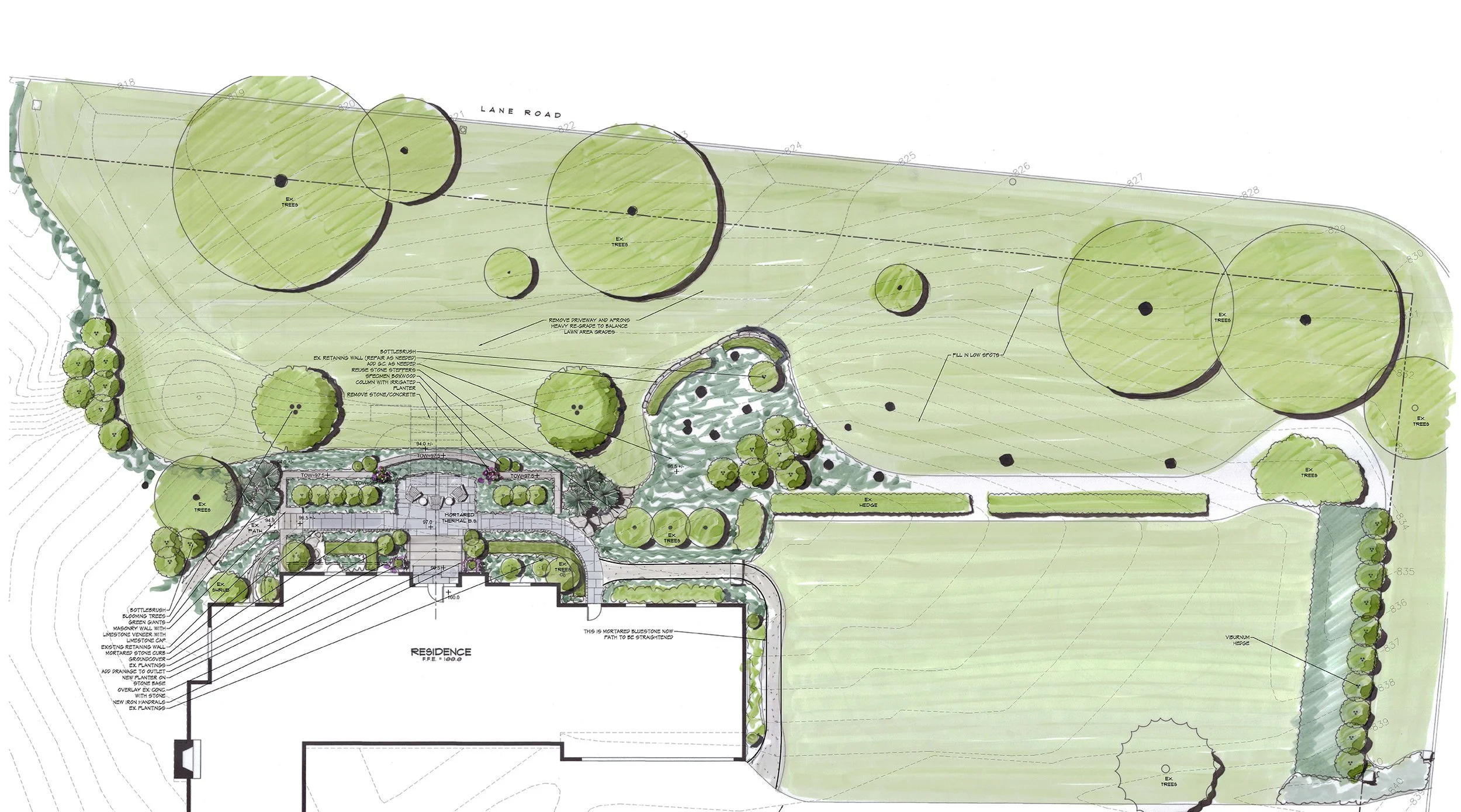 A detailed landscape architectural plan featuring trees, shrubs, lawns, pathways, and a residence with annotations.