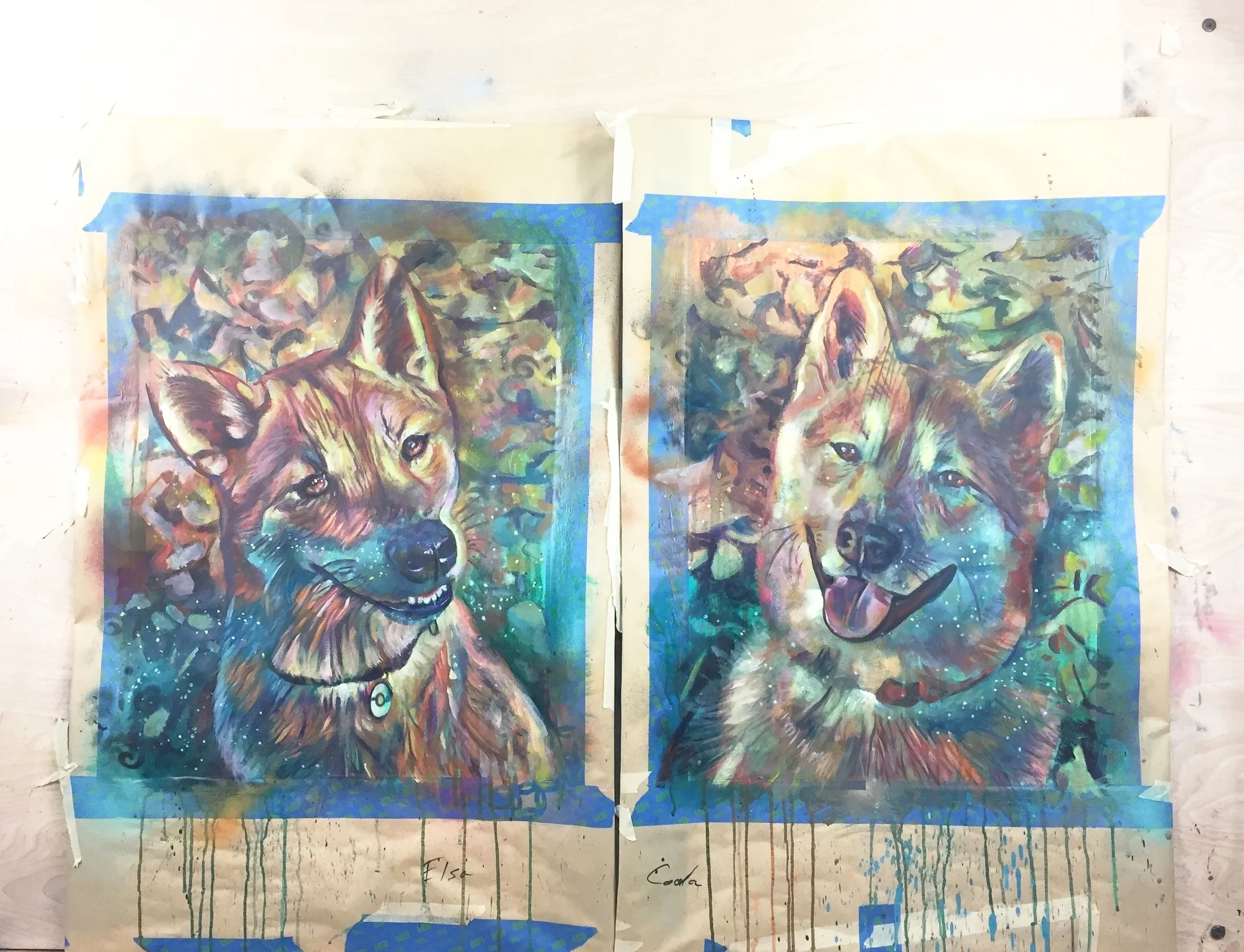 There are tricks to creating the illusion of depth on a two dimensional surface. In these two paintings, the closest part of the dog to the viewer are the snouts, so that is the area that got the most detail, the darkest darks and crisp edges. The placement of the snouts are in the lower-middle section. Generally, the lower an object is on the picture surface the closer it appears to be. Color is another tool. Warm colors tend to come towards you where cool colors recede. The warm red-orange on both of the dogs' faces push the blue on the cheeks forward. Line also helps in this case. Notice the directional, contour lines on the face and neck of the left dog, Elsa? Her snout appears to pop out even more than the dog on the right for this reason in addition to others factor, size and overlapping shapes. Varying the size of a shape can create an optical illusion. The blue area on Elsa's cheek to snout starts out narrow and widens as it meets up with the nose. Overlapping shapes is one more way that makes Elsa's snout come forward. Her head is at an angle that allows for the nose to overlap the background and her neck ad top back to be positioned behind her snout. This creates a stacking of four areas. Elsa, the dog on the left, is definitely the stronger of the two in the depth category. But that doesn't mean the painting of the dog on the right of Koda is any less special. This painting has captured his essence, that smile, the soft fluffy fur and loving eyes. He looks at you straight on because he has no reservations and gives all his attention and heart to those in his pack. I am fascinated with how the eye perceives two dimensional space and how body language and color can be used to encapsulate character. M.C. Escher is my all time favorite artist for creating the most fascinating optical effects with his architectural illusions. Many artists are very perceptive and can convey feeling in their artwork so there isn't just one that stands out. In reflecting on my paintings, I can see my soul. I am a romantic; a dreamer creating a world on canvas of the best that I see or can imagine. 