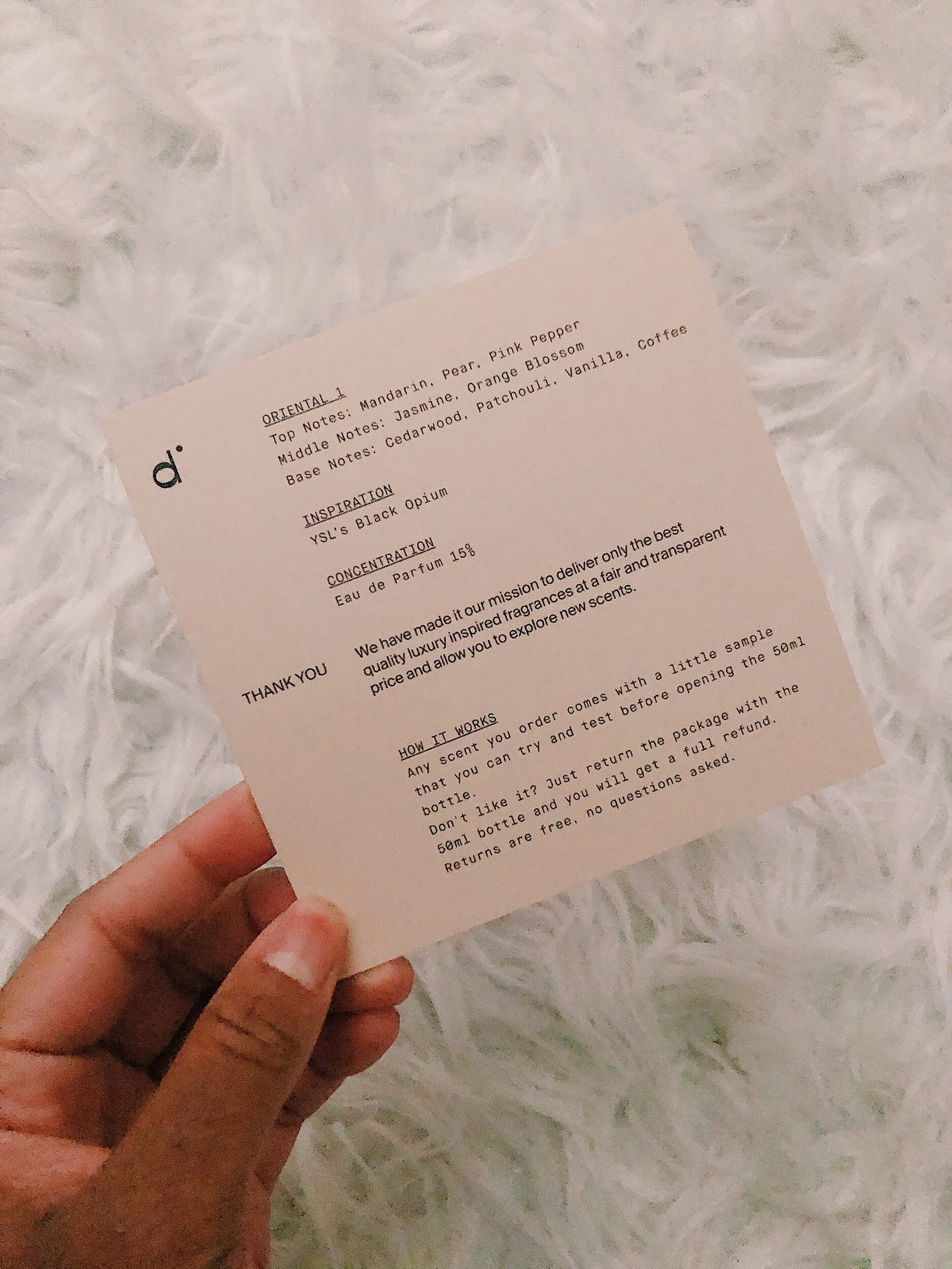 Informational card provided with all purchases of fragrances with detailed fragrance notes and perfume concentration.