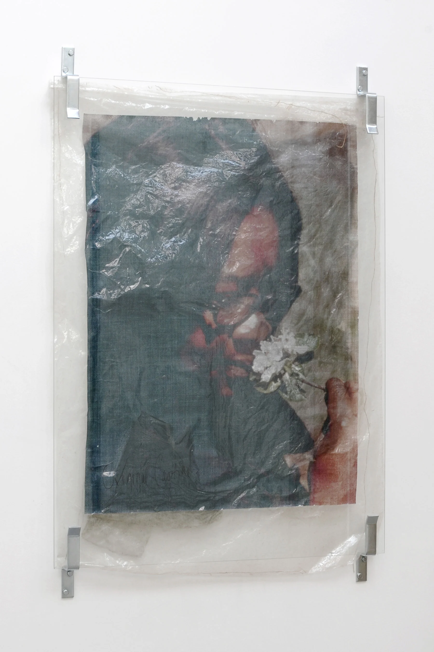 Valerie Snobeck, Martha's Flower, 2013, Partially removed mirror, door barricade brackets, peeled prints, burlap, and U.S. emergency blanket on plastic, 92 x 139 cm