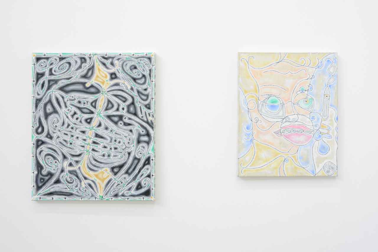 left : David Caille, L.O.V.E. , 2014, huile sur toile, 55 x 46 cm right : David Caille, Ennivré , 2013/2014, huile sur toile, 46 x 38 cm