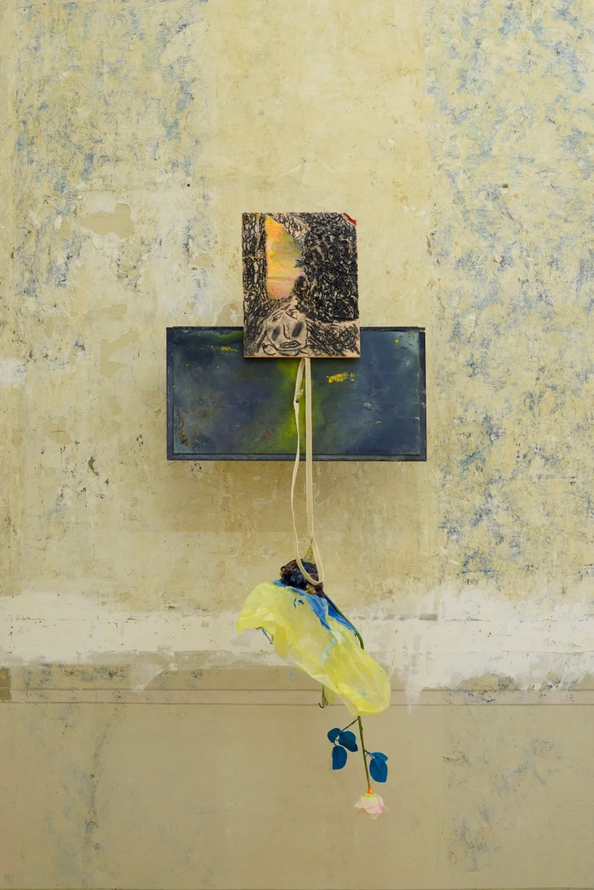 Henrik Olai Kaarstein, Darling / People are so in Love Nowadays , 2013, acrylic sheets, silicone, acrylic paint, charcoal, fabric, fibreboard, rope, glue, pins, curtain tassel, painted silk flower, plastic bag, 125 x 61 x 60 cm (approx)