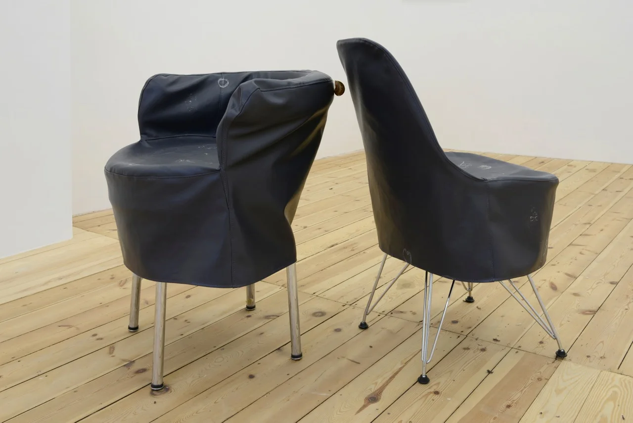 Nick Bastis, When you don’t find what you’re look for, sleep, 2014, custom made vinyl chair covers, lithuanian snail slime, found gallery chairs, variable dimensions
