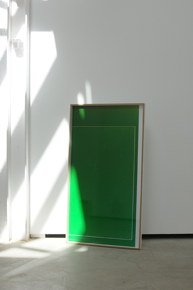 Manuel Burgener, Untitled , 2013, photogram on dibond, glass, screws, wood, 128 x 70 x 5cm