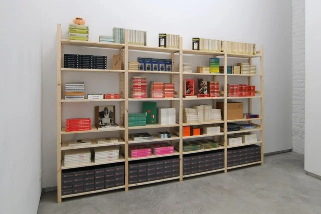 Jacques André, ARTERS, 2002-2013, Achats à répétition, tentative d’épuisement et de reconstitution des stocks effectués entre 2002 et 2013, étagères en pin et sapin massif, 190 x 344 x 30 cm