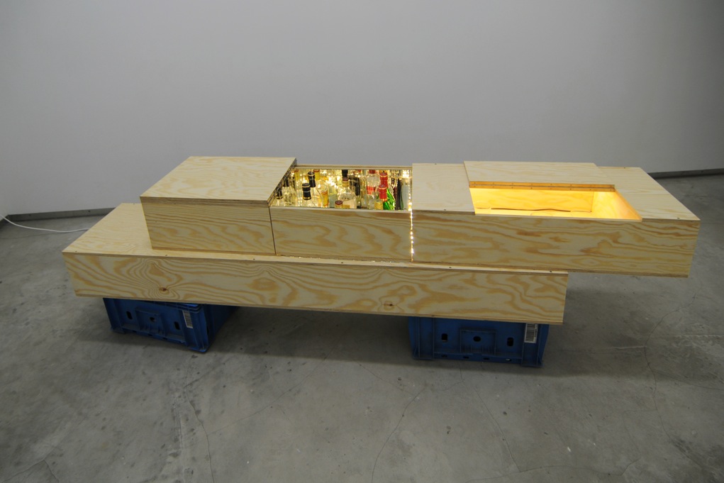 Manuel Burgener, Untitled , 2012, plywood, hardware, glass, mirrors, light, spirits, glasses, sound system, 39 x 202,7 x 36,6 cm