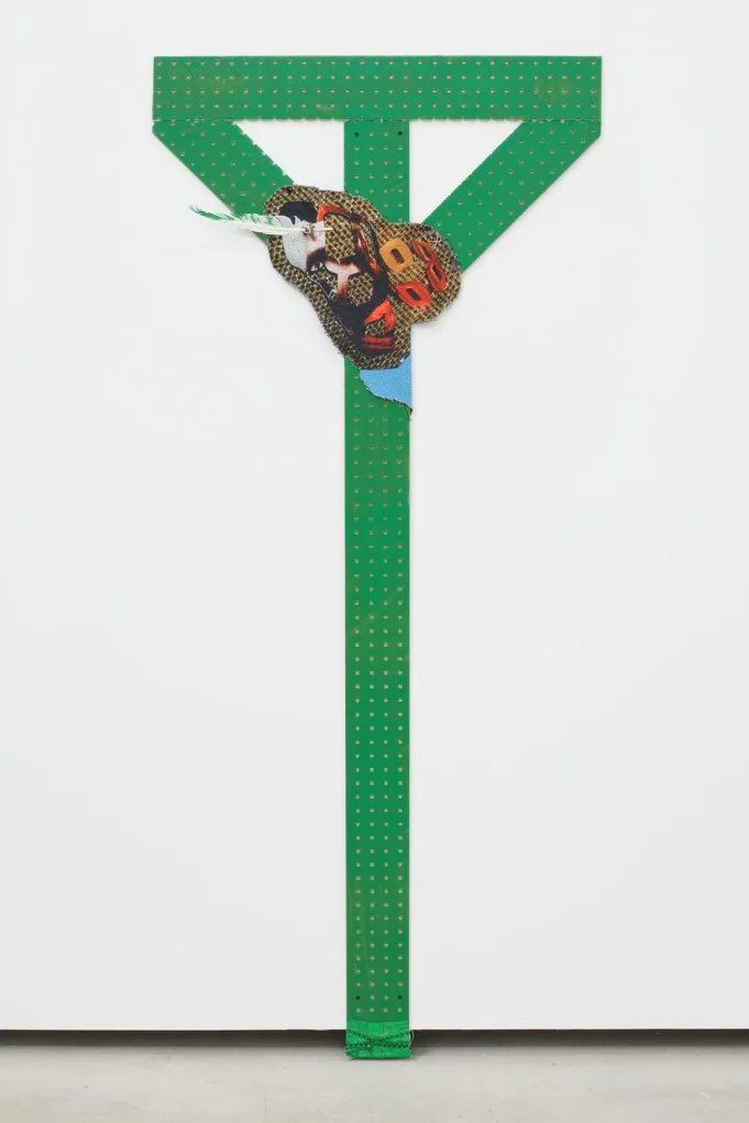 Untitled Bulletin (green w feather), 2006 -2012, peg board, ink, inkjet on cotton, nylon ribbon - 183 x 76,6 cm (72 x 31 in.)