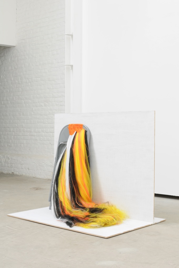 Untitled Arrangement (chair w hair), 2012, Kanekalon, metal folding chair, acrylic, silicon - 109,3 x 137,2 x 86,9 cm (54 x 42.5 x 35 in.)