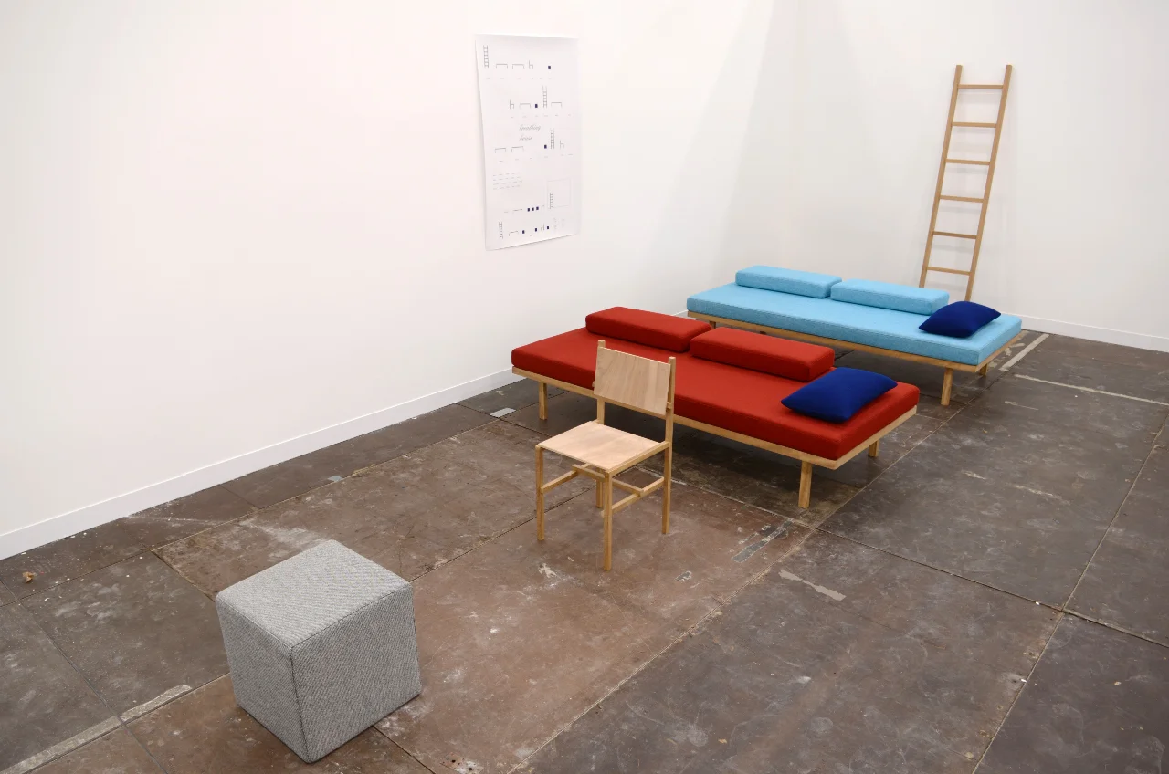 Exhibition view of breathing house, sequence or phrase at Frieze Art Fair, London, wood, fabric, paper, various dimensions, 2012