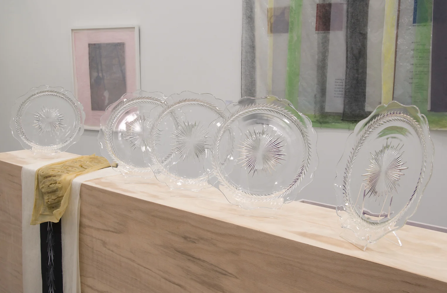 Valerie Snobeck / Catherine Sullivan, Limited Good 4 (detail), 2013, depression glass, latex, wood, peeled print and felt on plastic, 56.5 x 60 x 8.5 inch