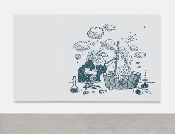 Oliver Osborne, 'Toil (after Brant Parker and Johnny Hart)' , 2017 , silkscreen and flashe on linen , 82 x 137 3/4 x 1 1/4 in (208 x 350 x 3 cm)