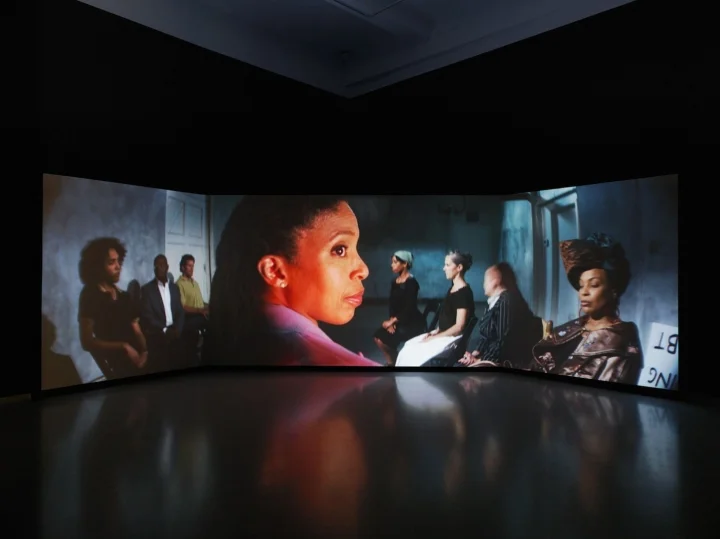 Catherine Sullivan, The Startled Faction (a sensitivity training) (2018), anamorphic video, color/sound, 34 minutes, installation view, Metro Pictures, New York