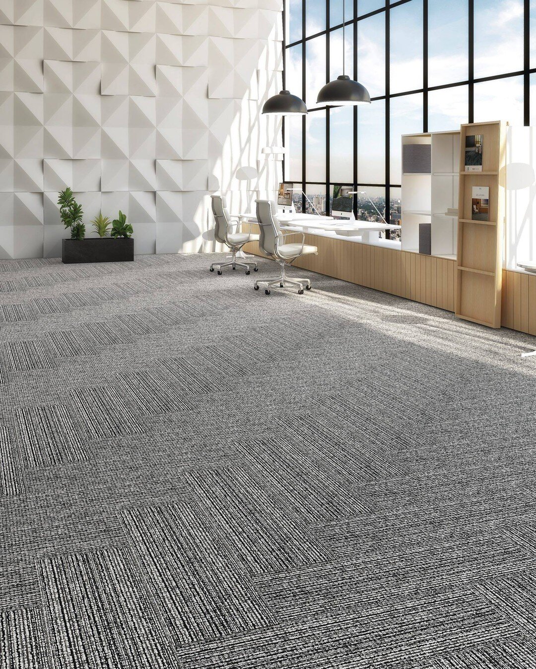 Beautiful carpet flooring imagined in a light and bright office space.