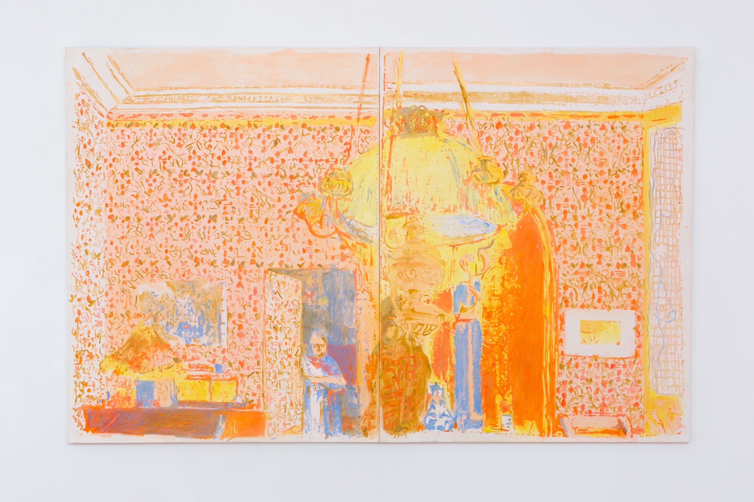 Interior with pink wallpaper (diptych), 2018, Oil and acrylic on canvas, 49" x 78" 