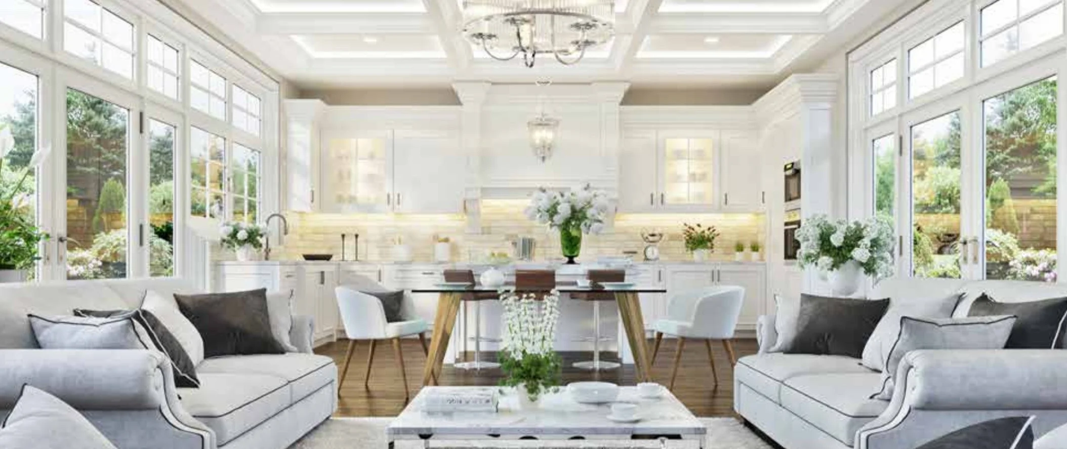 a bright room and kitchen